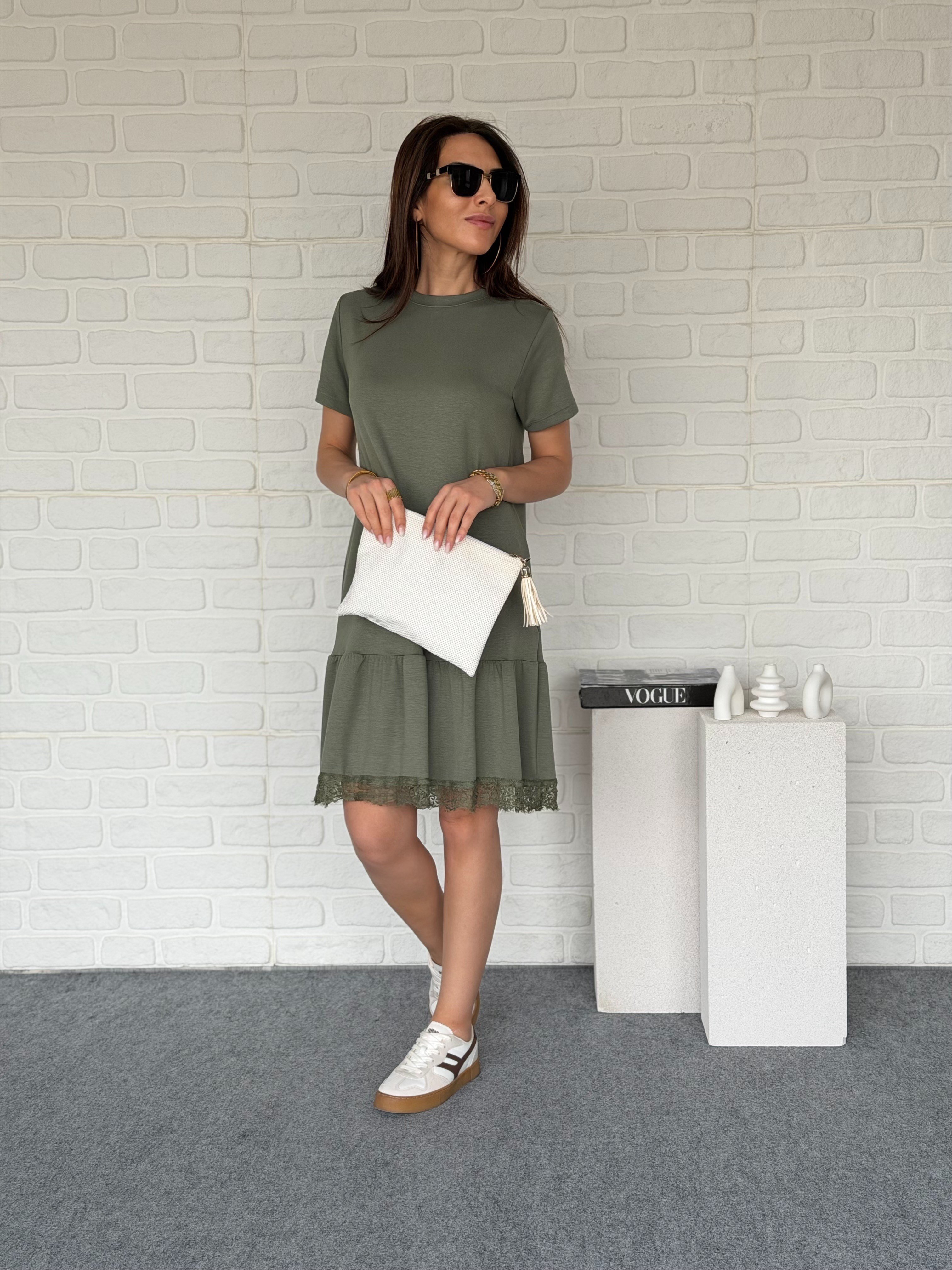 Eteği Dantelli Modal Elbise Haki