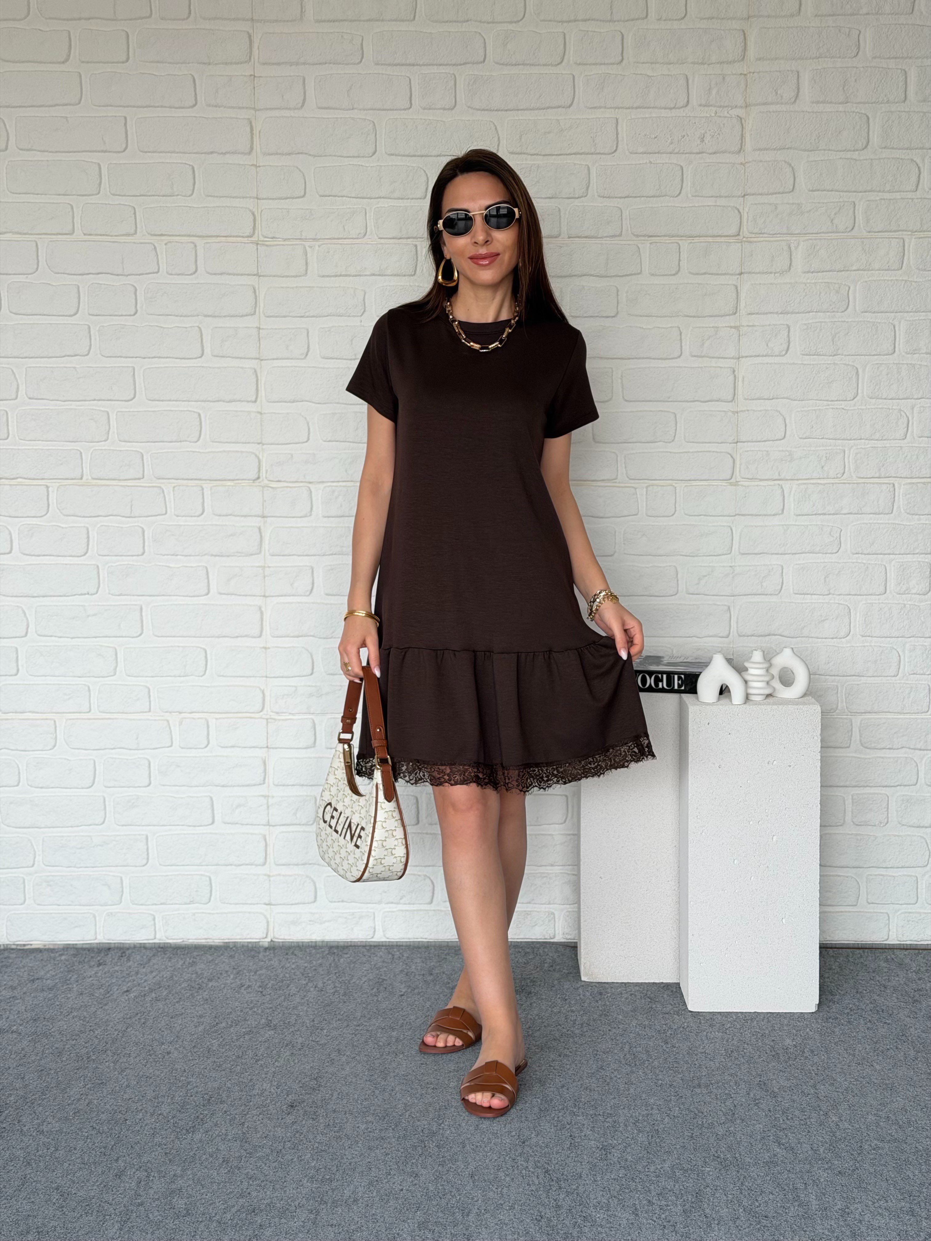 Eteği Dantelli Modal Elbise Kahve