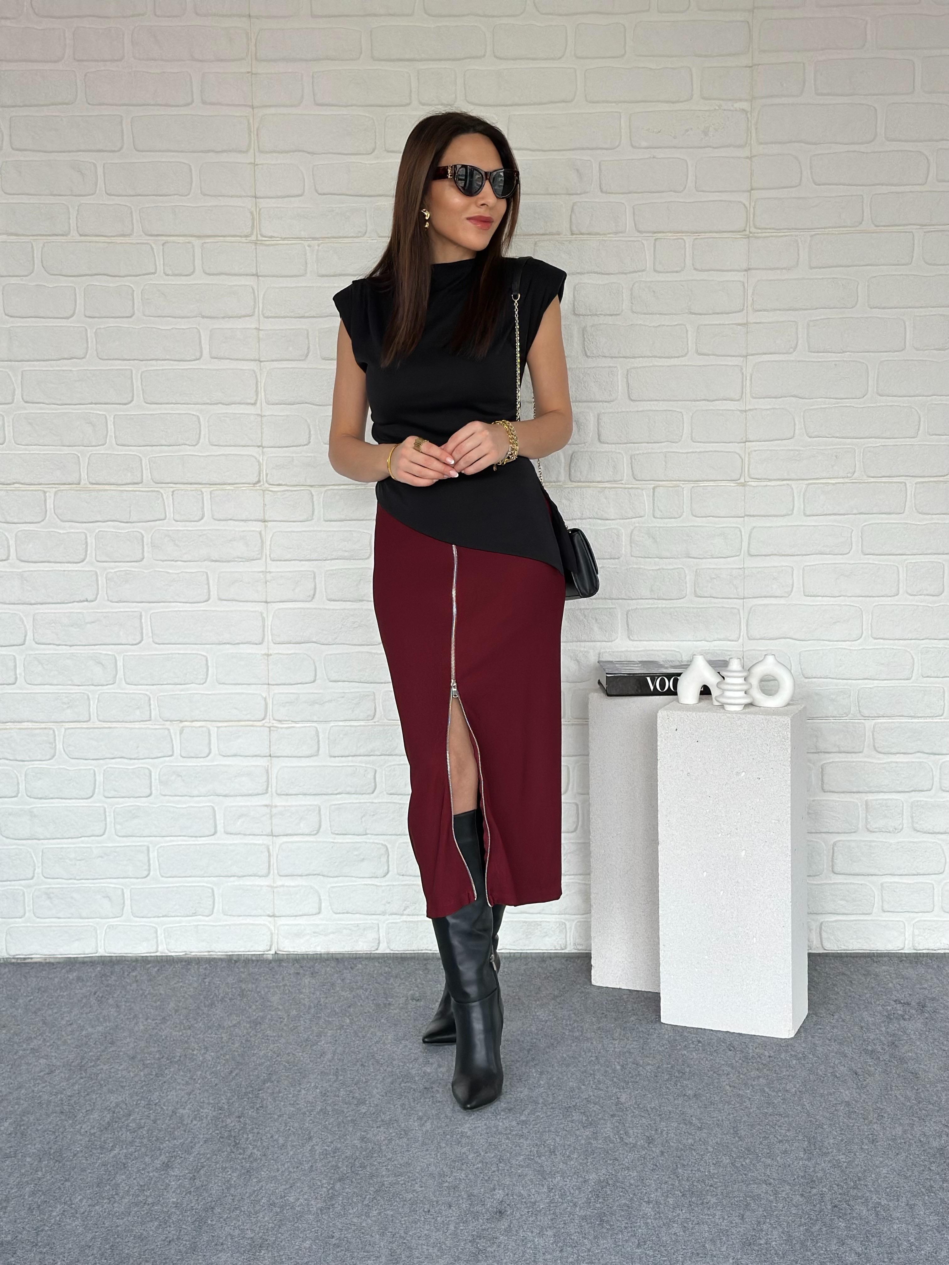 Fermuarlı Kaşkorse Etek Bordo