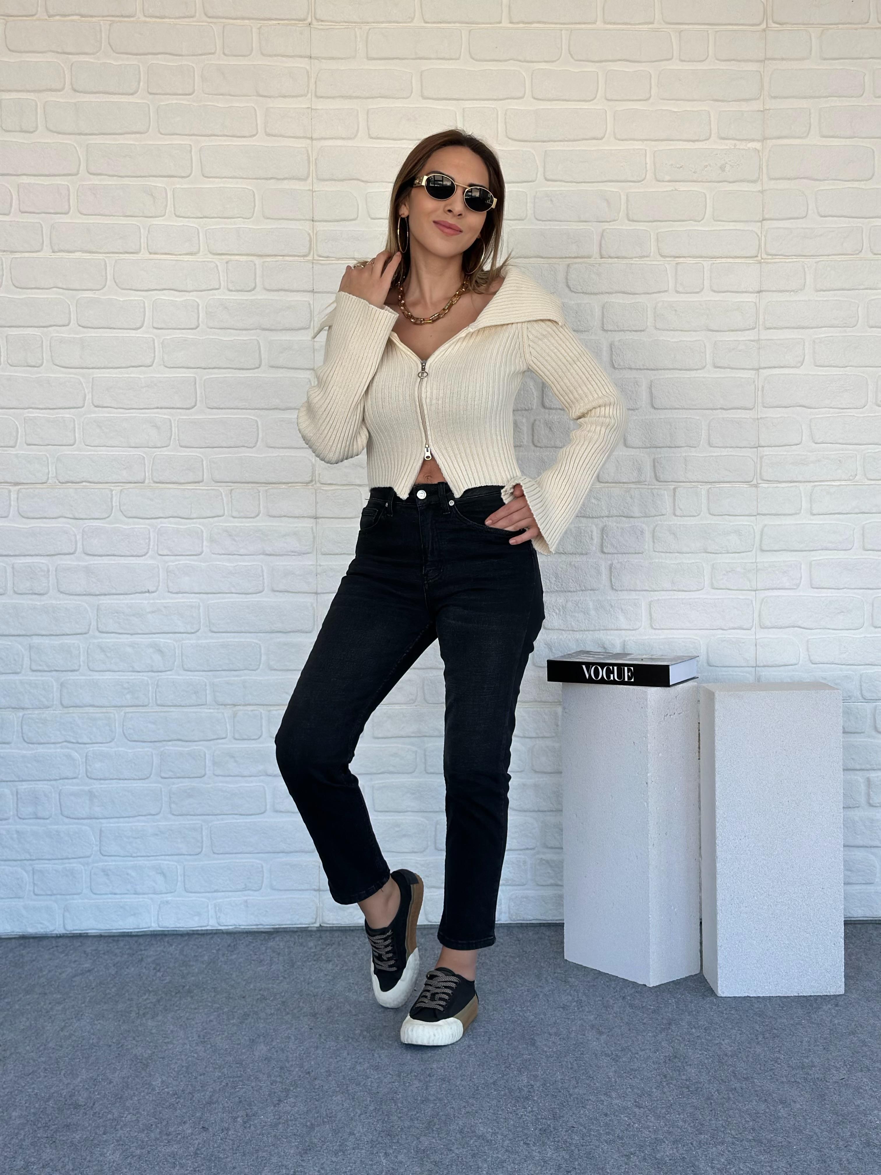 Fermuarlı Triko Ekru