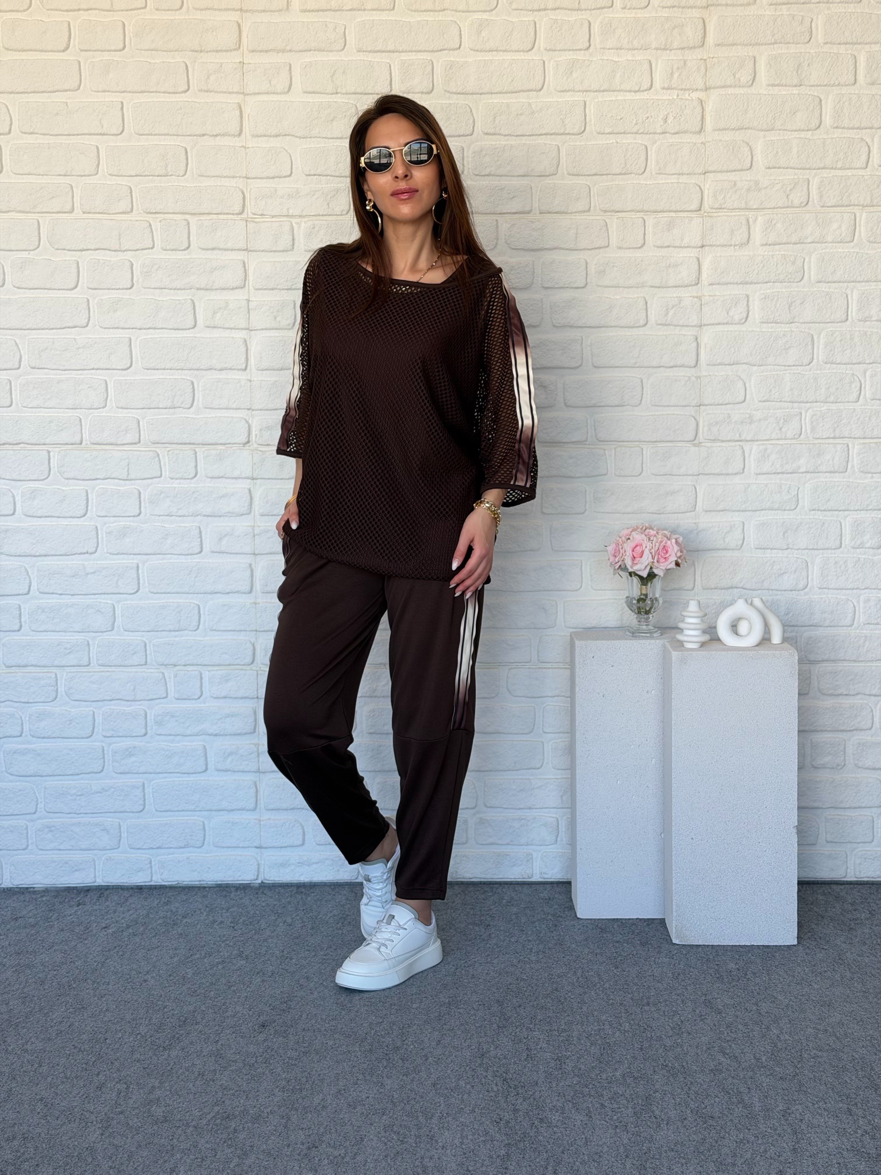 Fileli Atletli Üçlü Modal Takım Kahve