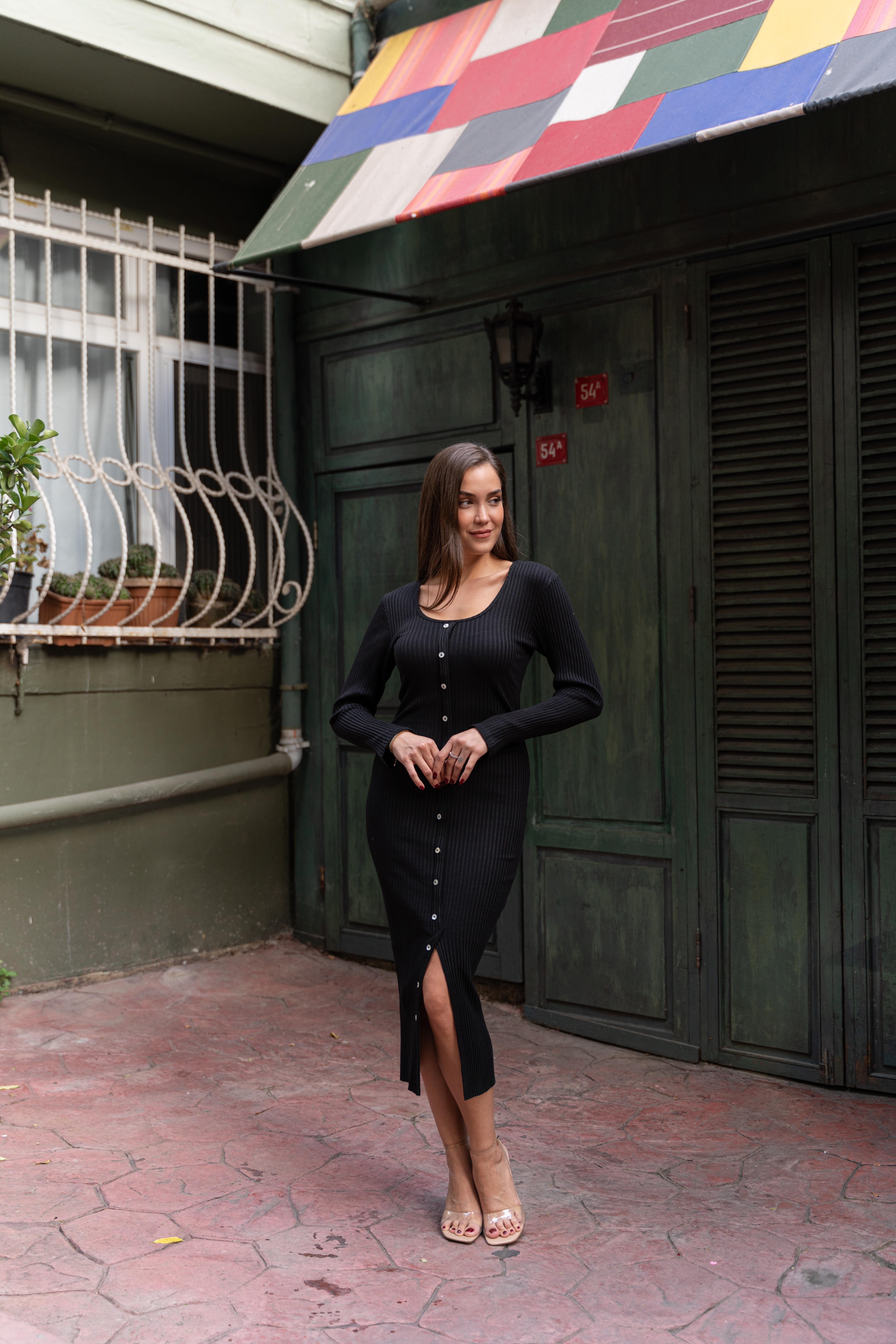 Fitilli Triko Elbise Siyah