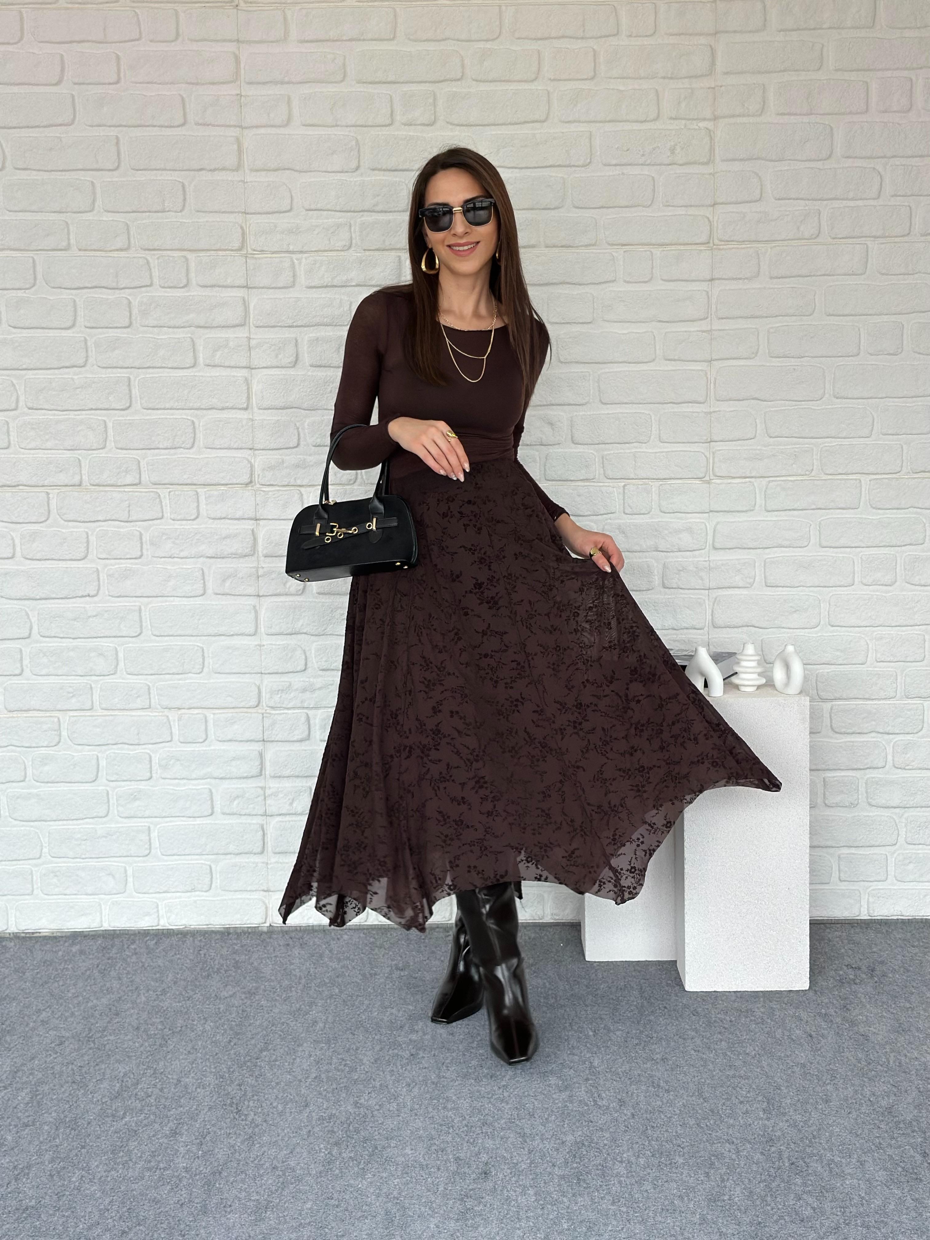 Flok Baskılı Tül Etek Kahve