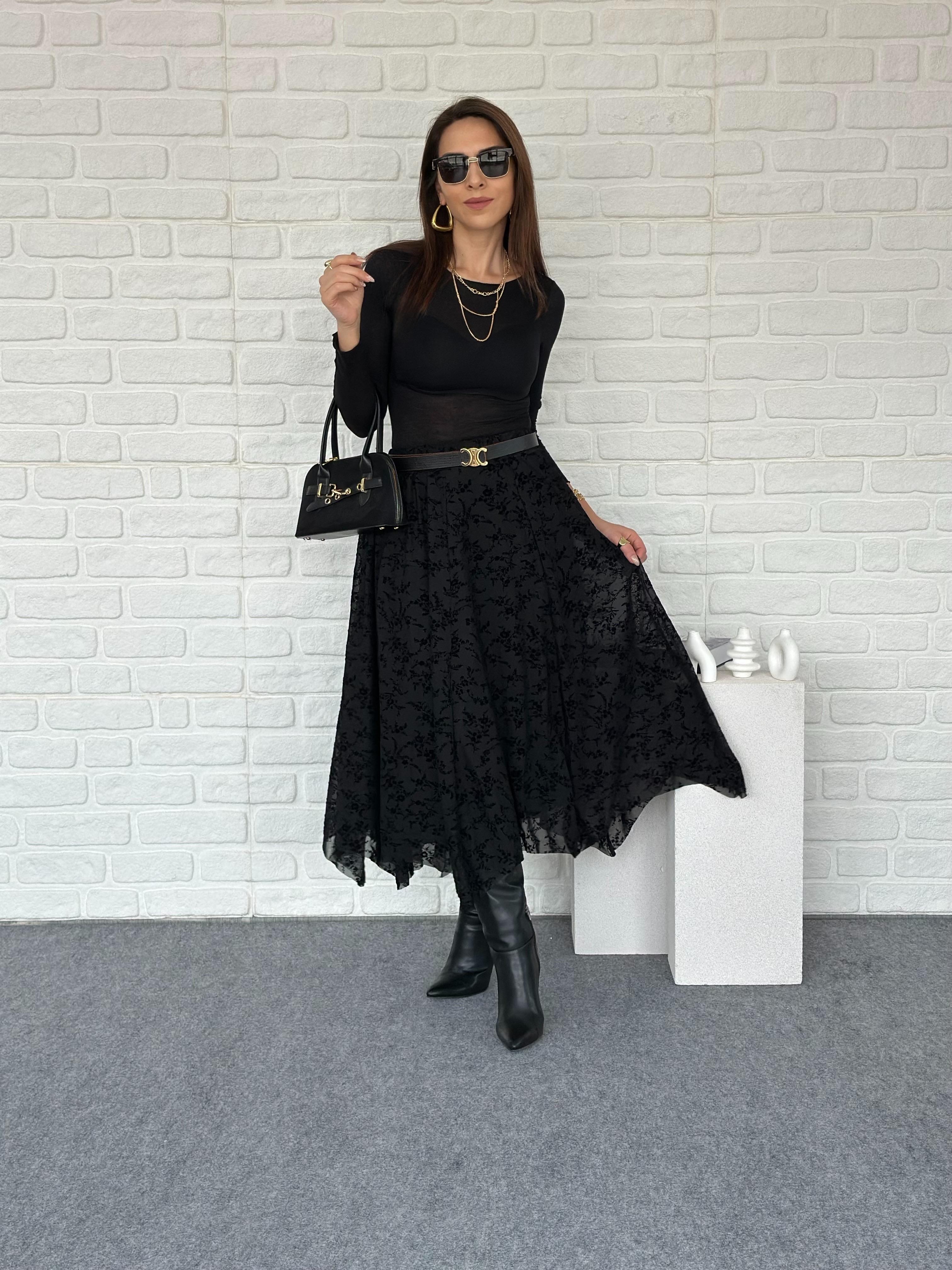 Flok Baskılı Tül Etek Siyah