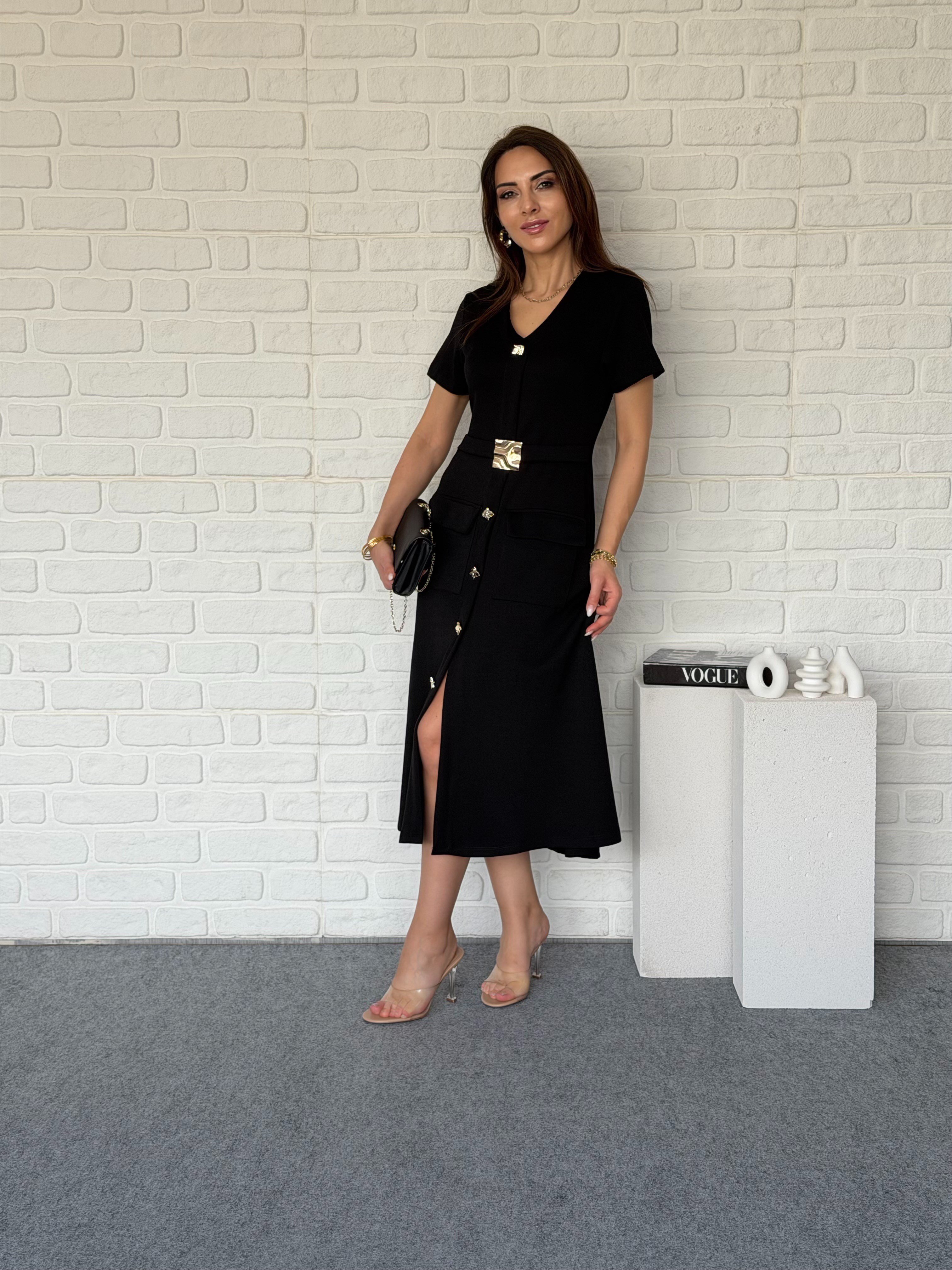 Gold Tokalı Midiboy Modal Elbise Siyah