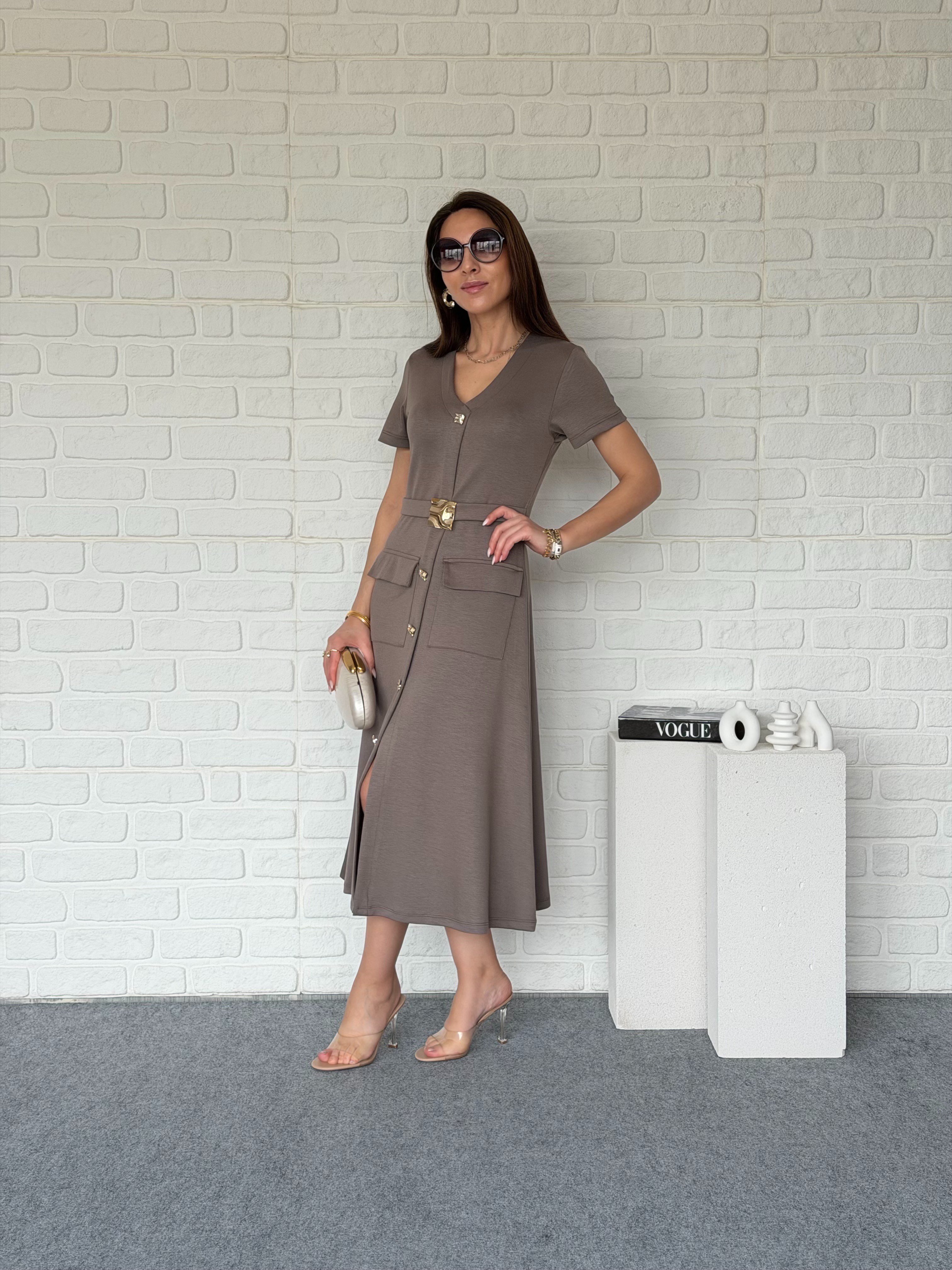 Gold Tokalı Midiboy Modal Elbise Vizon