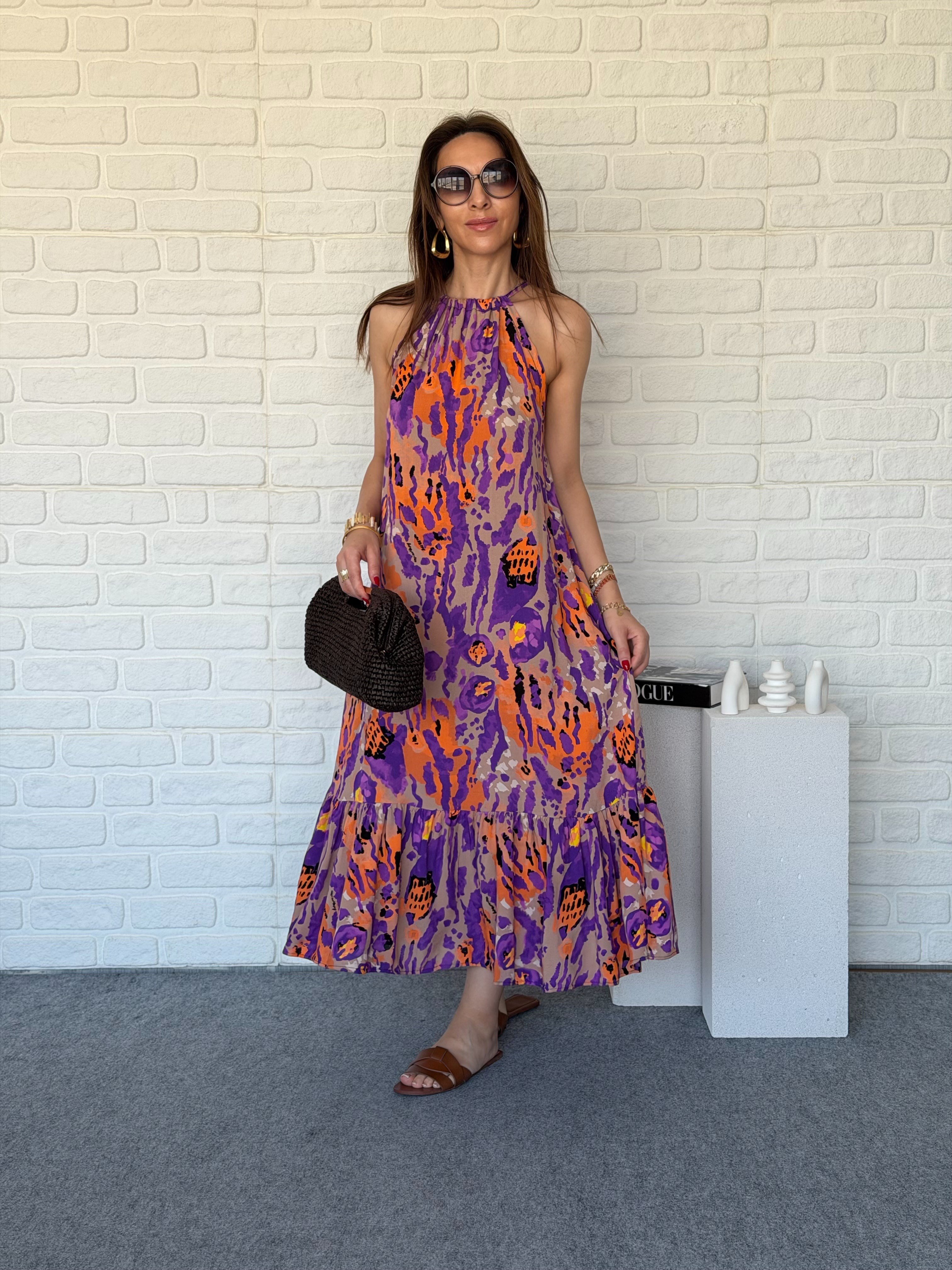 Halter Yaka Elbise Mor 
