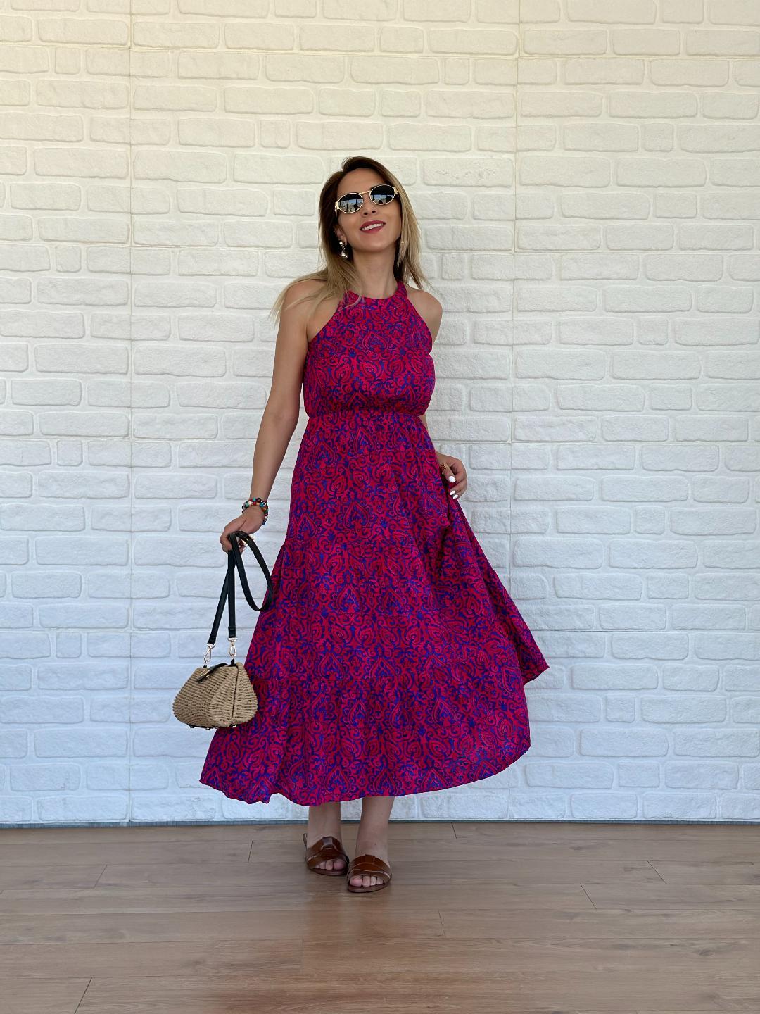 Halter Yaka Şal Desen Elbise Pembe
