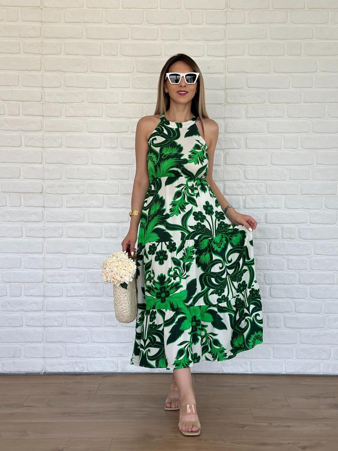 Halter Yaka Şal Desen Elbise Yeşil