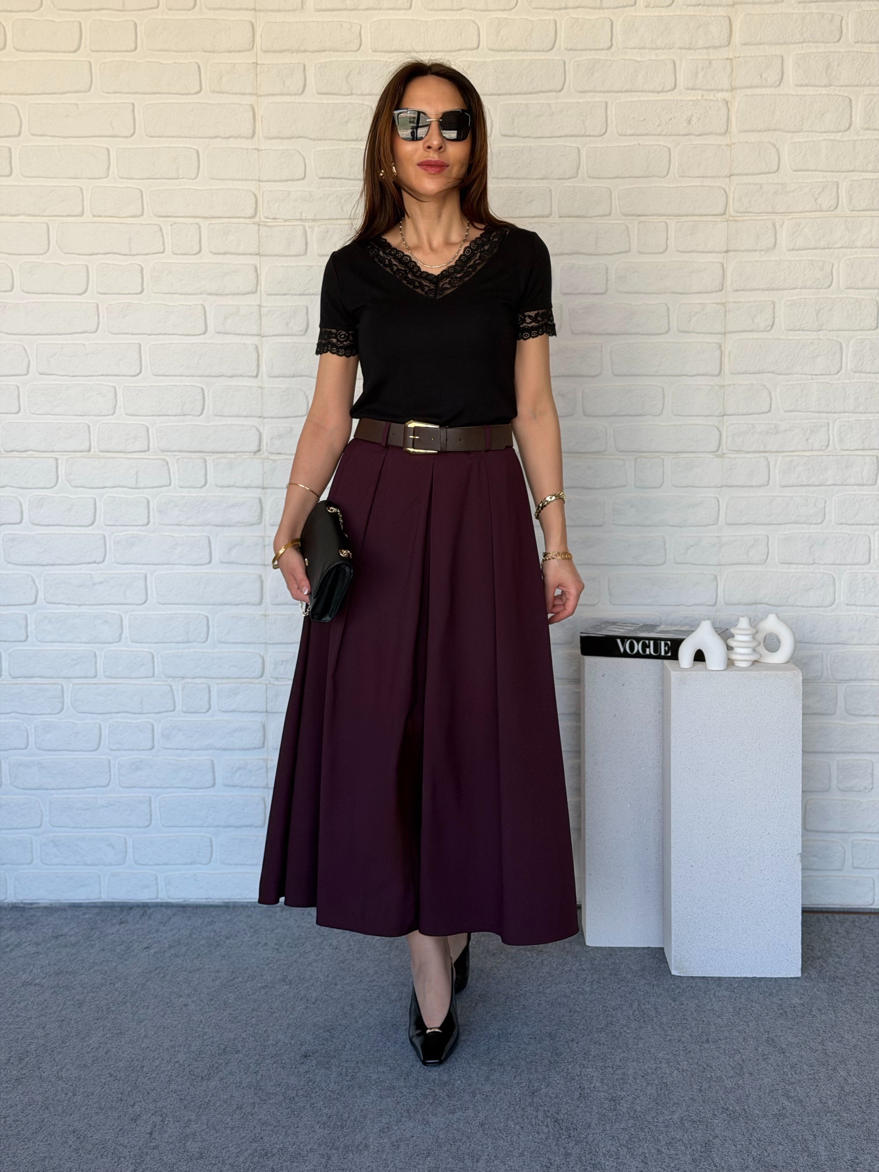 Kemerli Pileli Etek Bordo