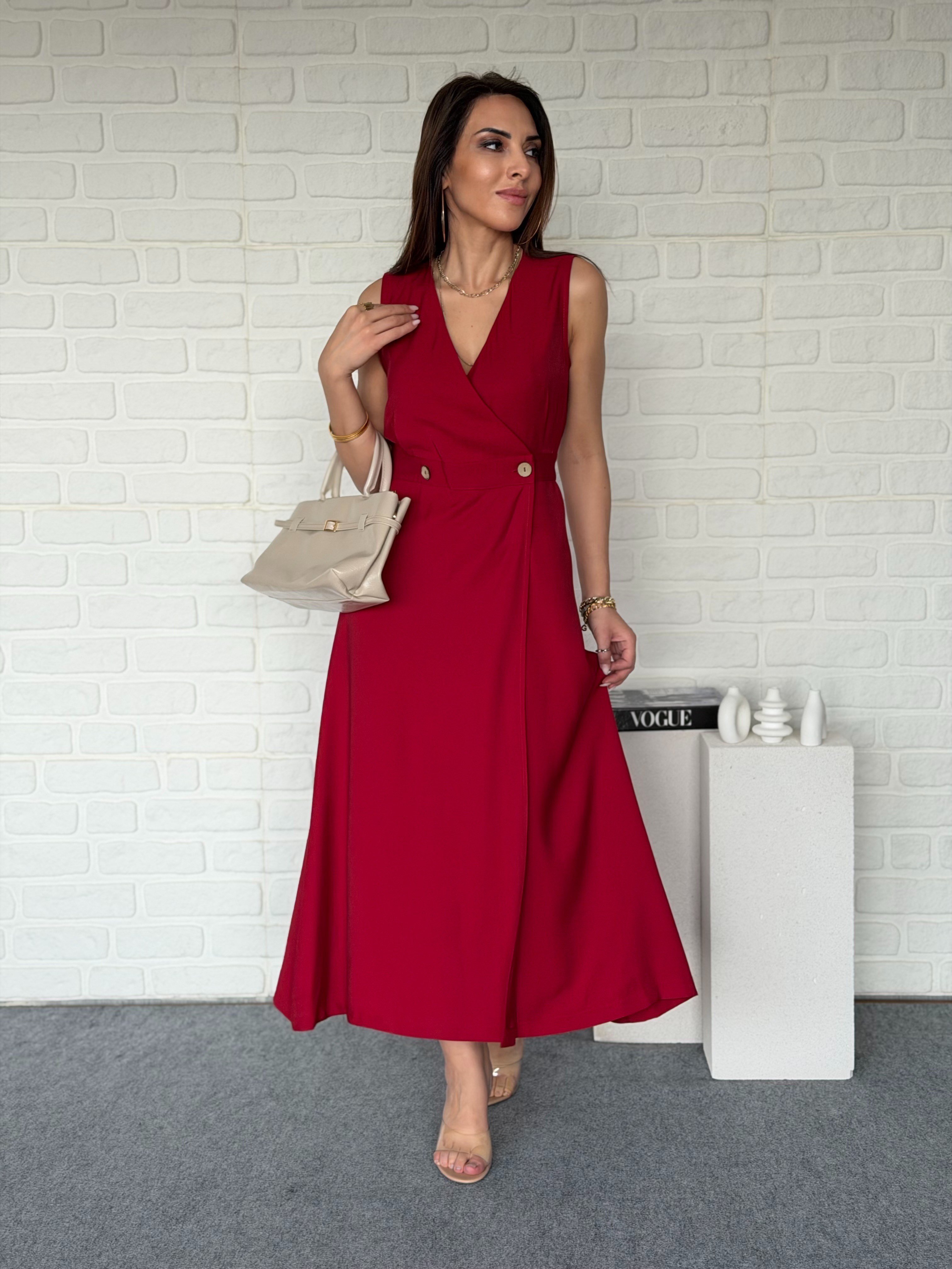 Kruvaze Tensel Elbise Kırmızı