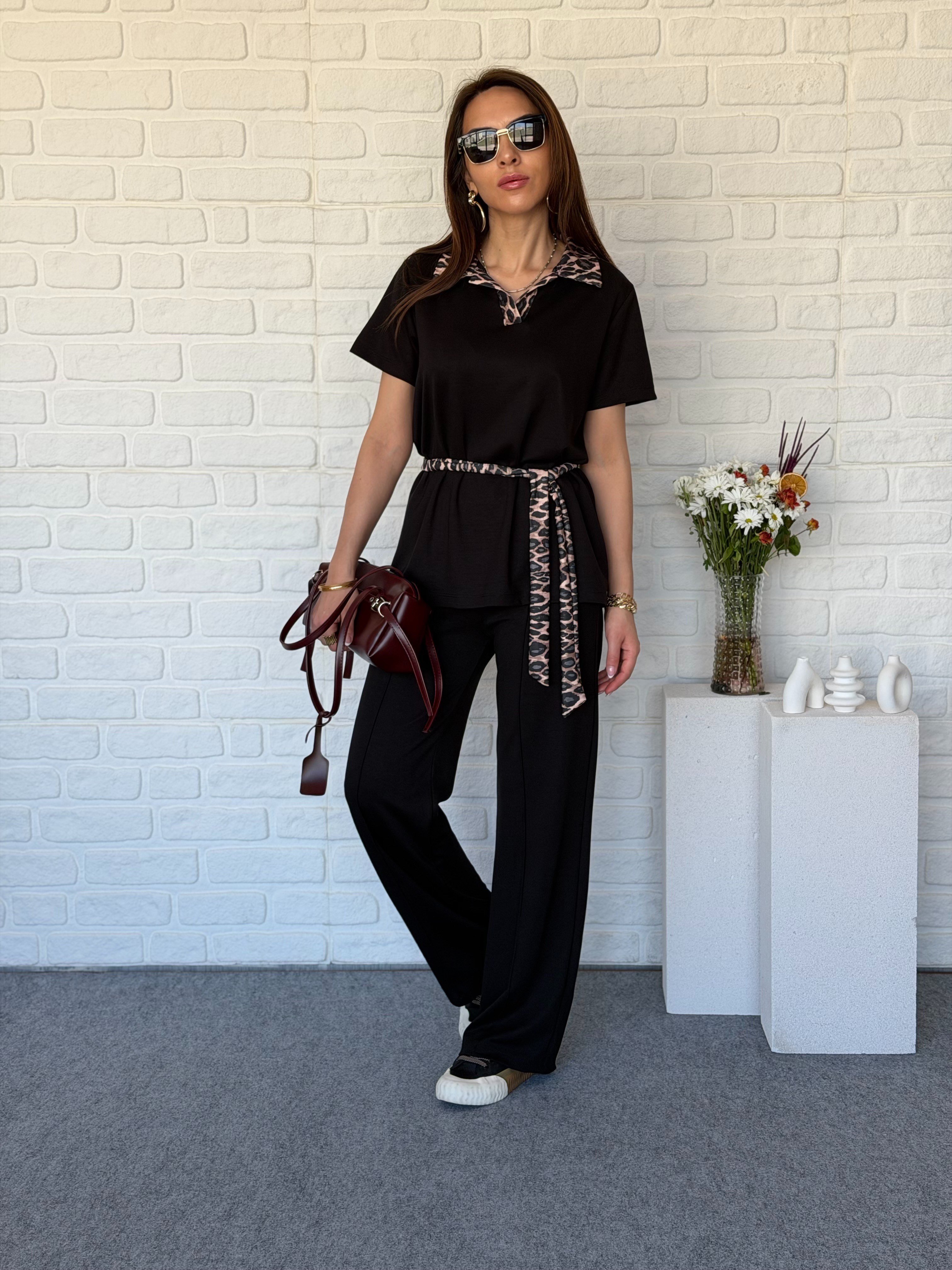 Leopar Detaylı Modal Takım Siyah