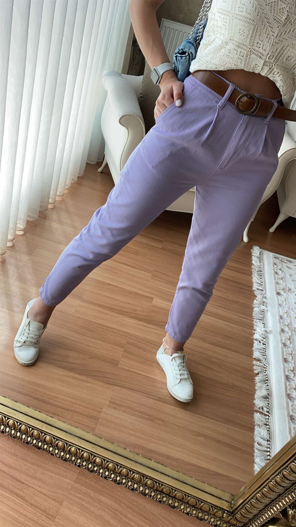 Lila Kendinden Kemerli Jean Pantolon