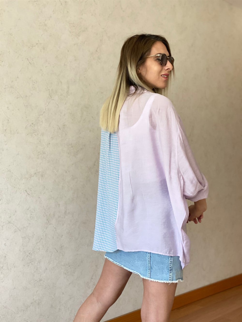 Lila Mavi Ekose Oversize Gömlek