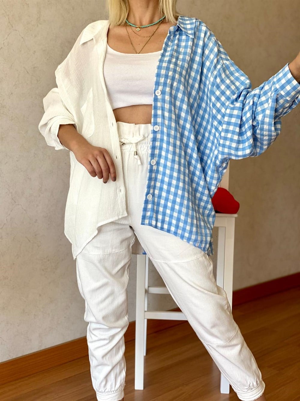 Mavi Ekose Oversize Keten Gömlek