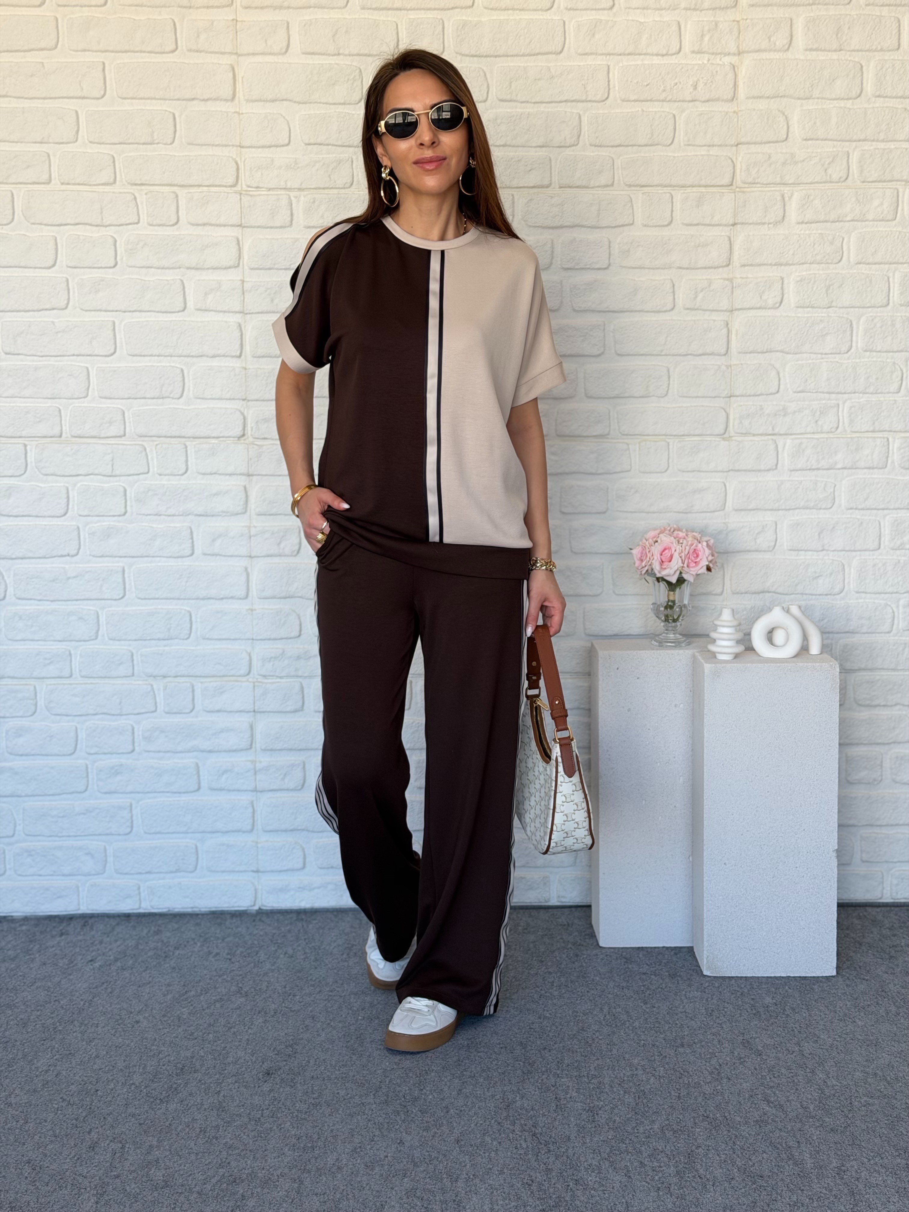 Omuz Dekolteli Modal Takım Kahve