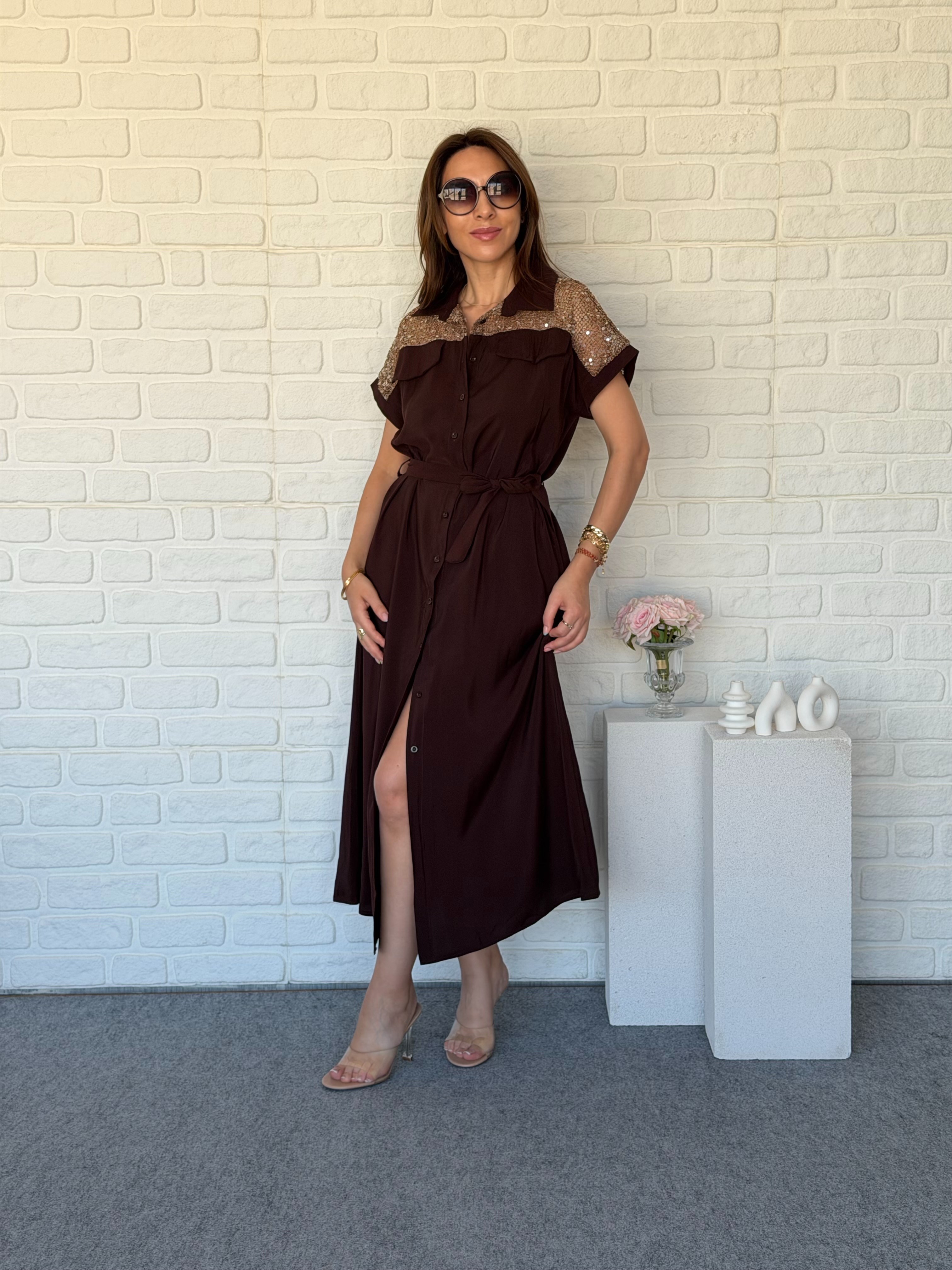 Omzu Pul Payet Fileli Tensel Gömlek Elbise
