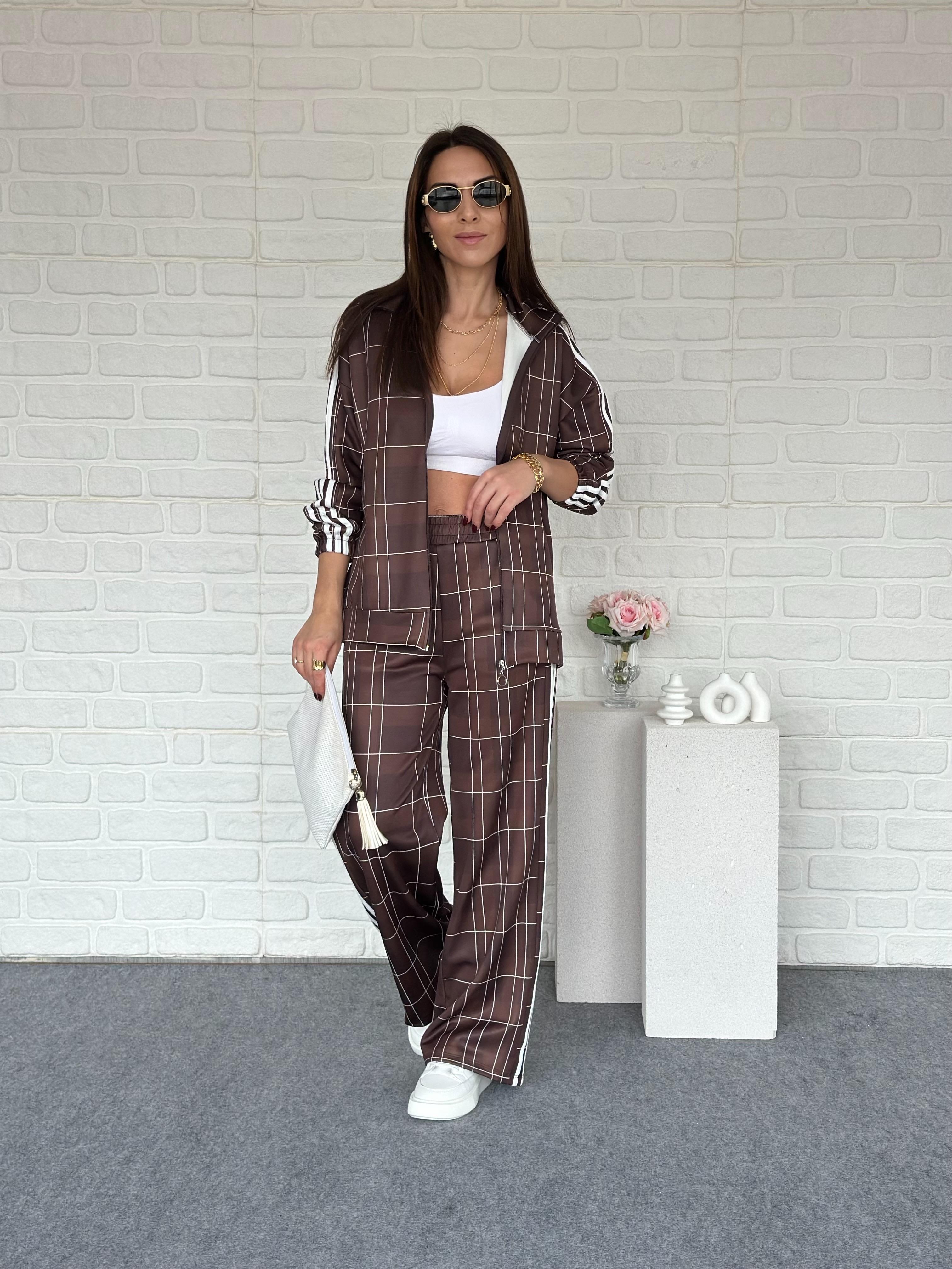 Şeritli Ekose Modal Takım Kahve