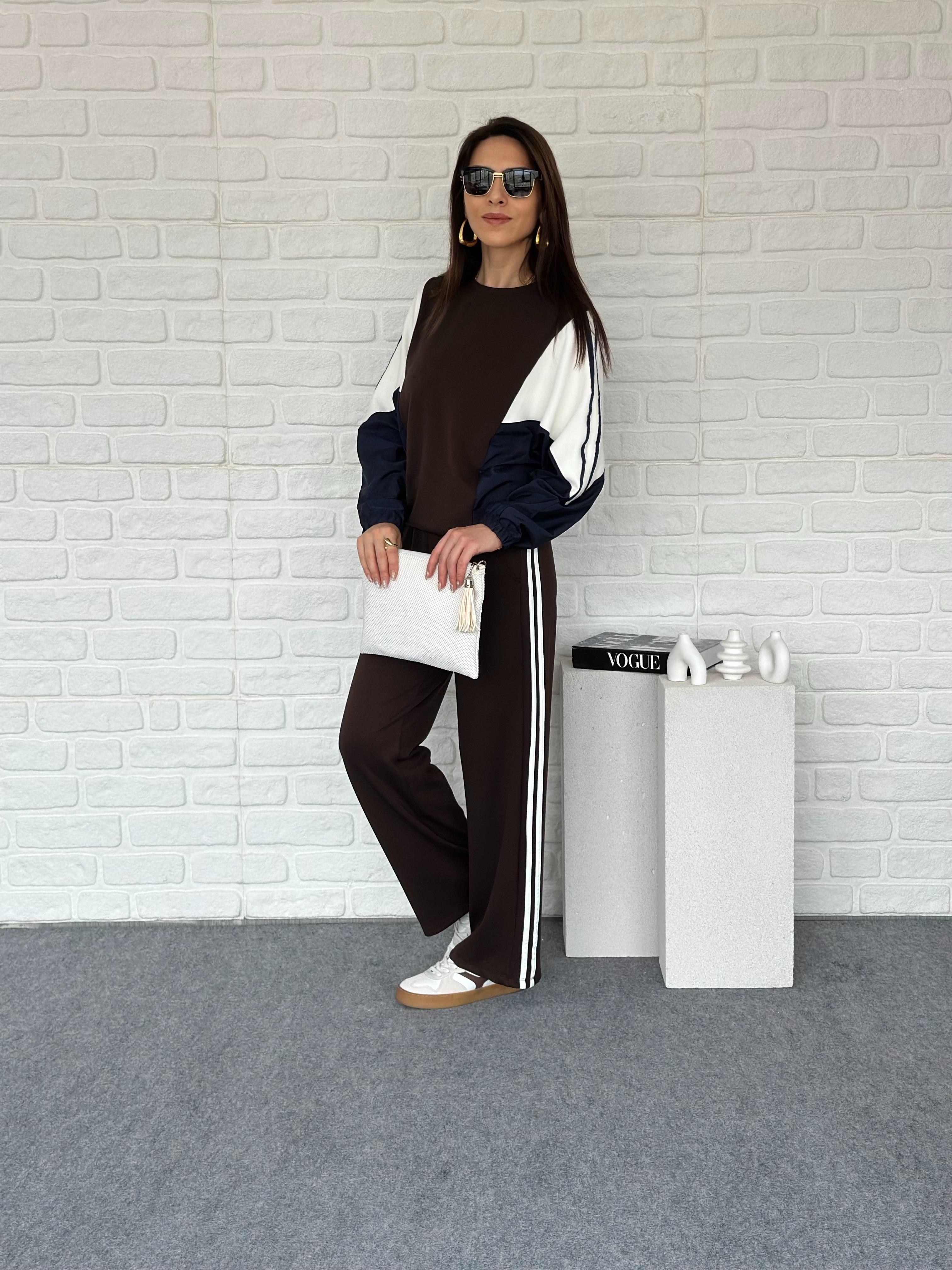 Şeritli Stoperli Paraşüt Modal Takım Kahve