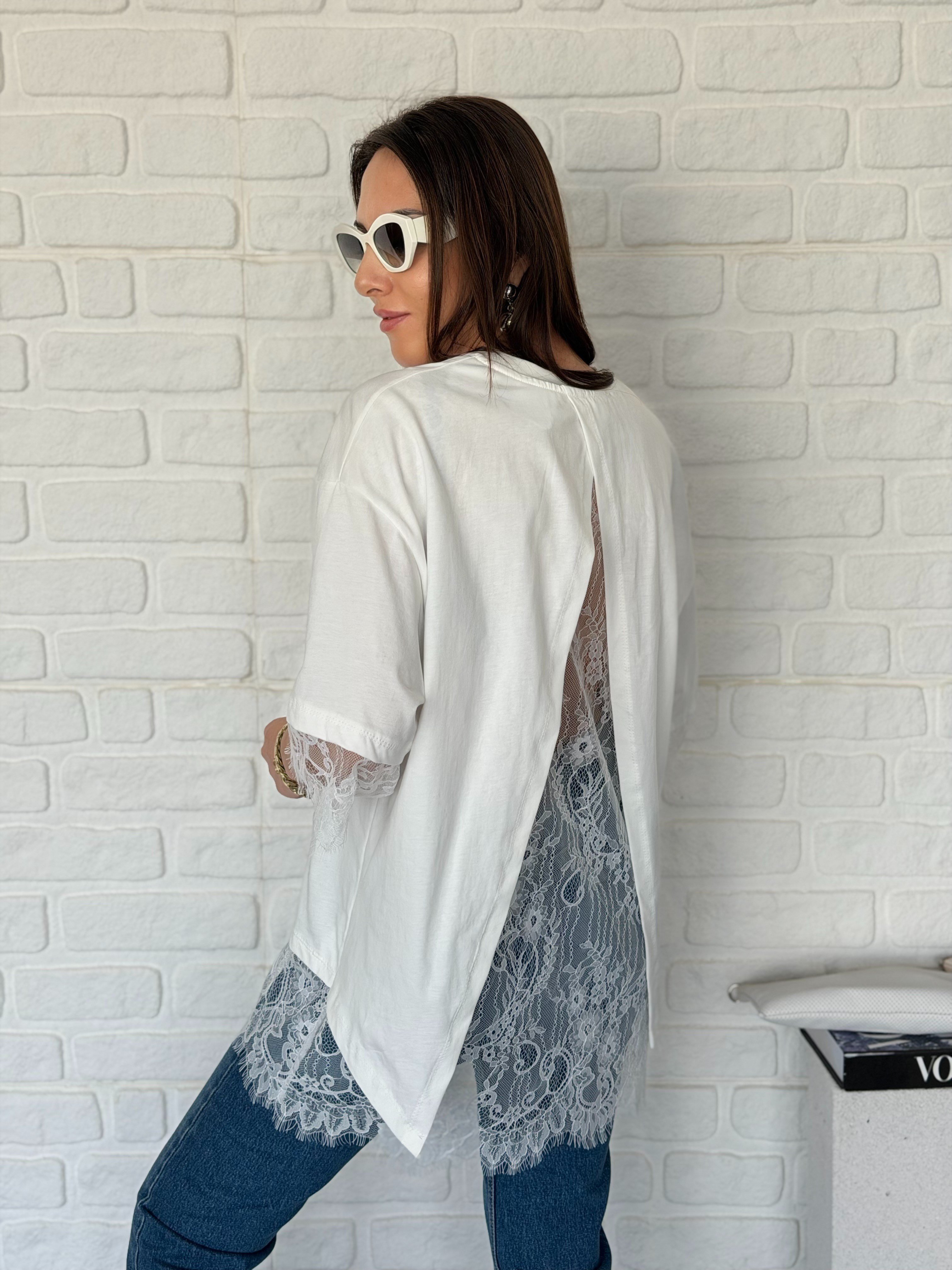 Sırt Dantel Detaylı Bluz Beyaz