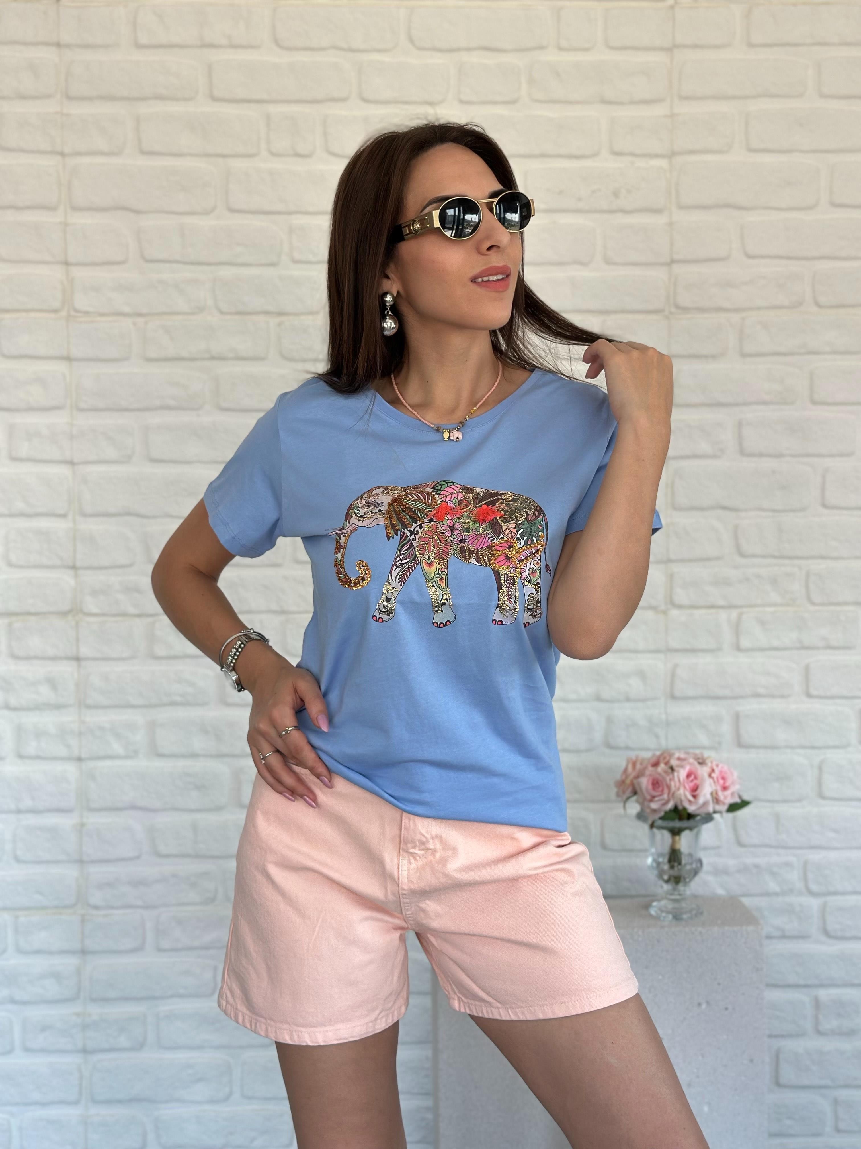 Taşlı Fil Detaylı Tshirt Mavi