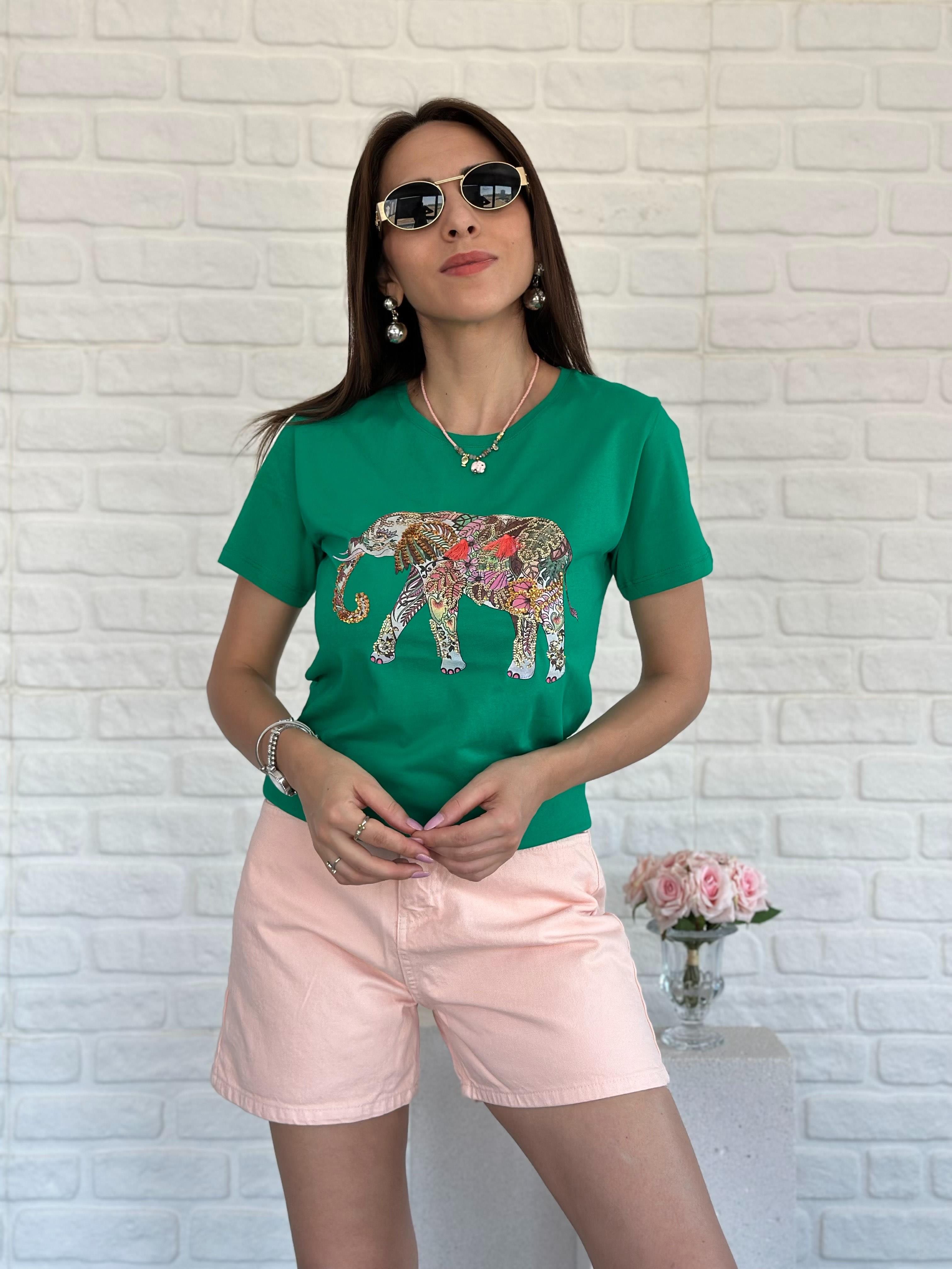 Taşlı Fil Detaylı Tshirt Yeşil