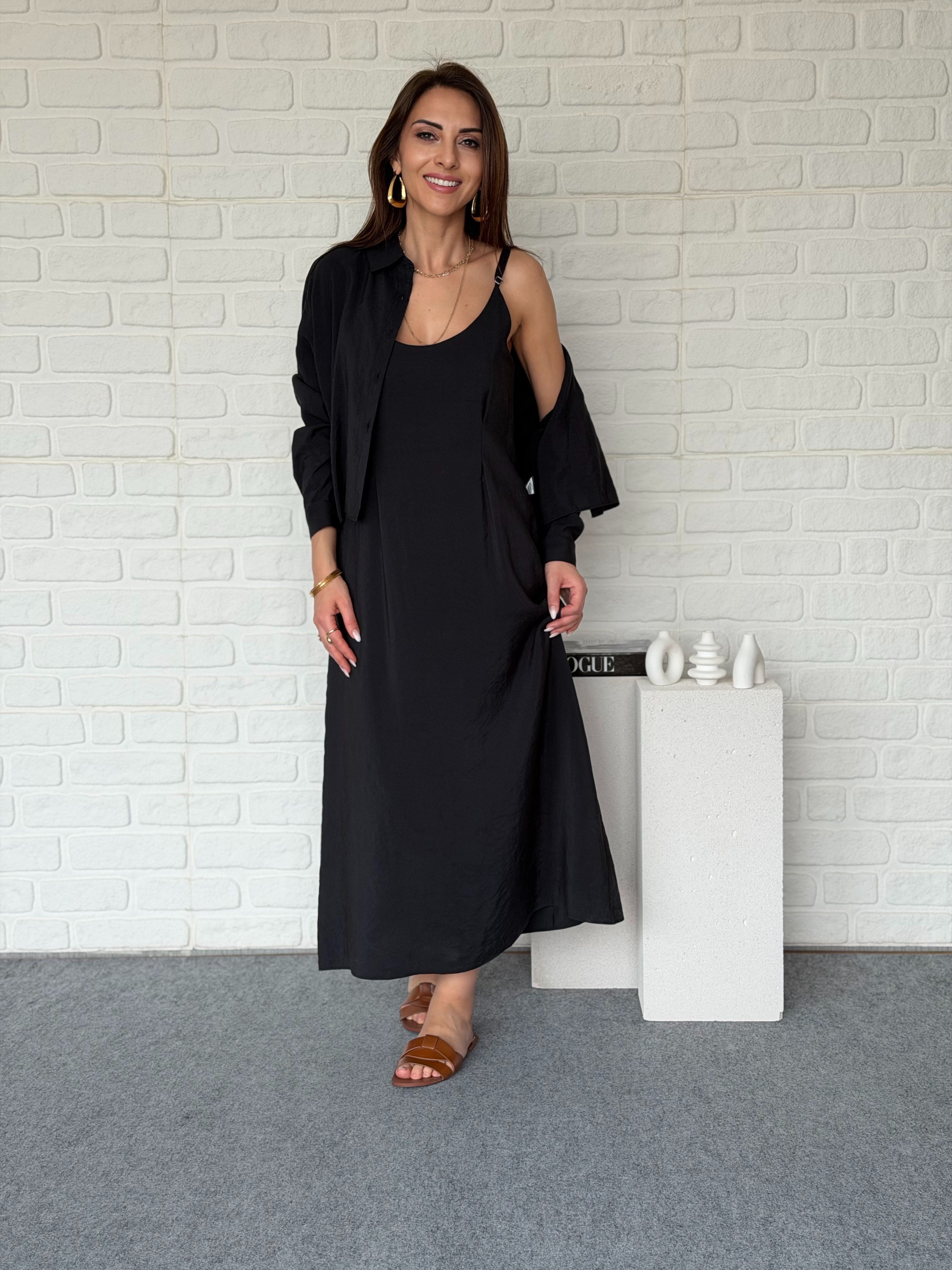 Tensel Gömlek Elbise Takım Siyah