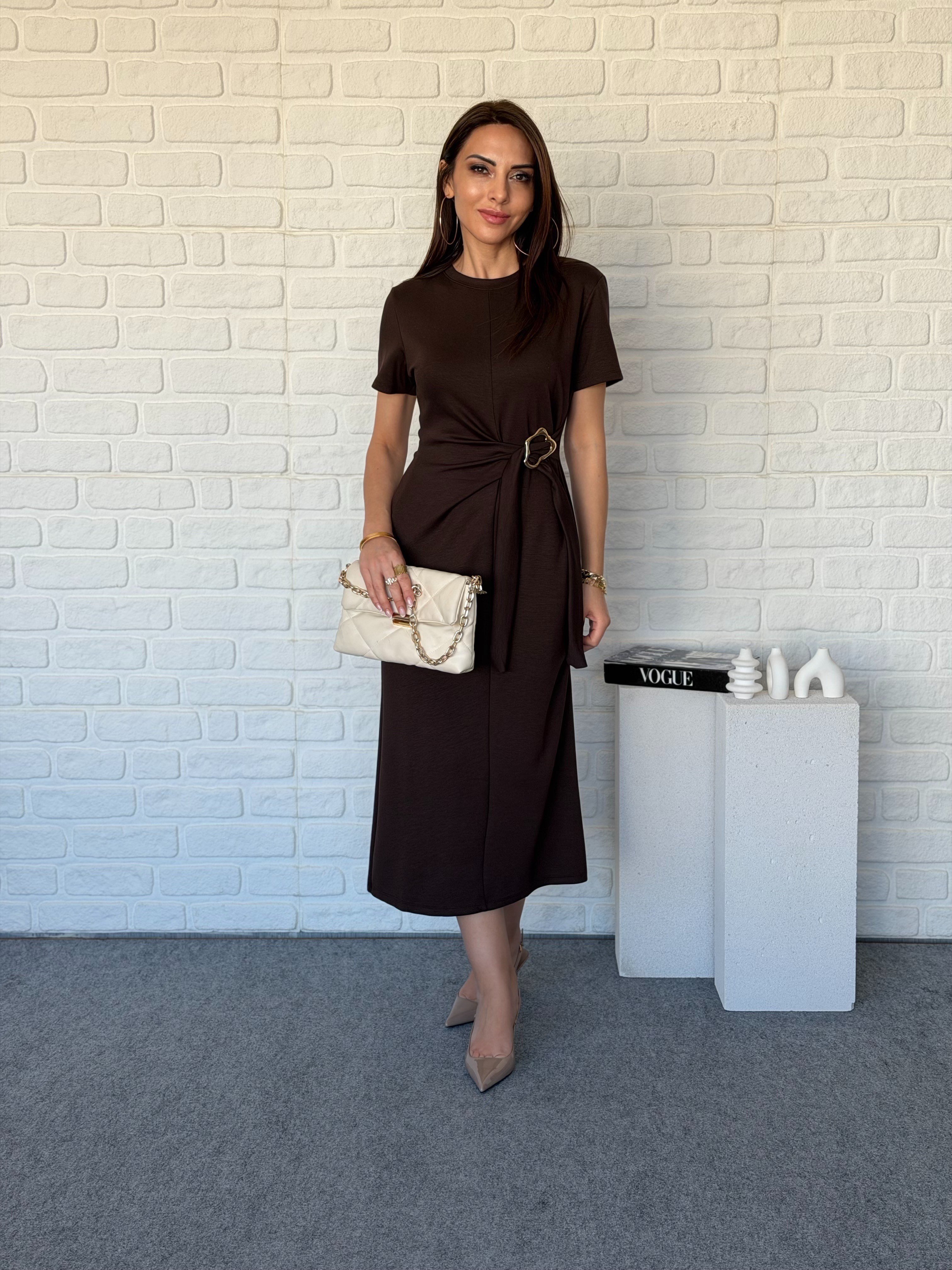 Tokalı Modal Elbise Kahve