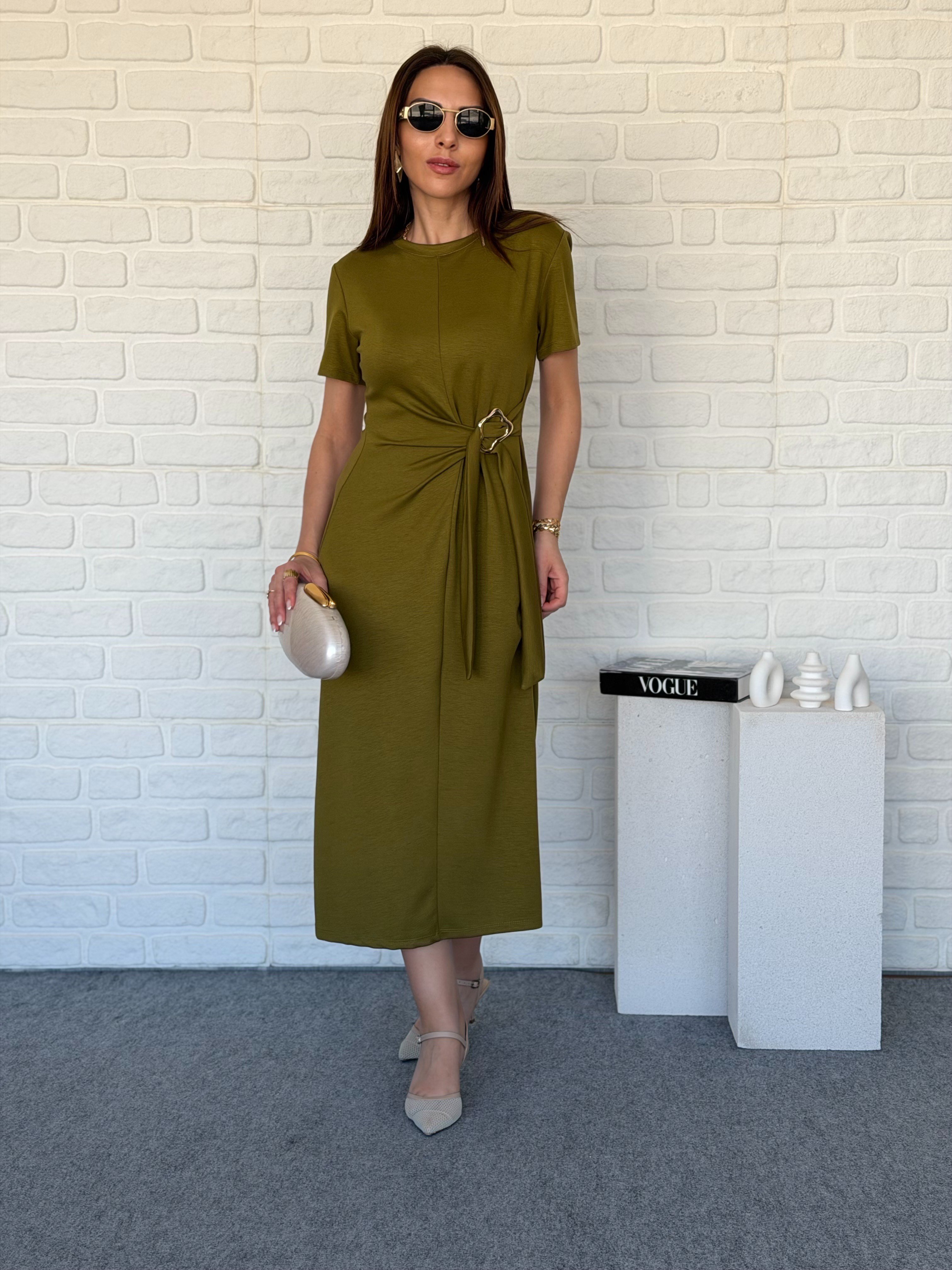 Tokalı Modal Elbise Yağ Yeşili