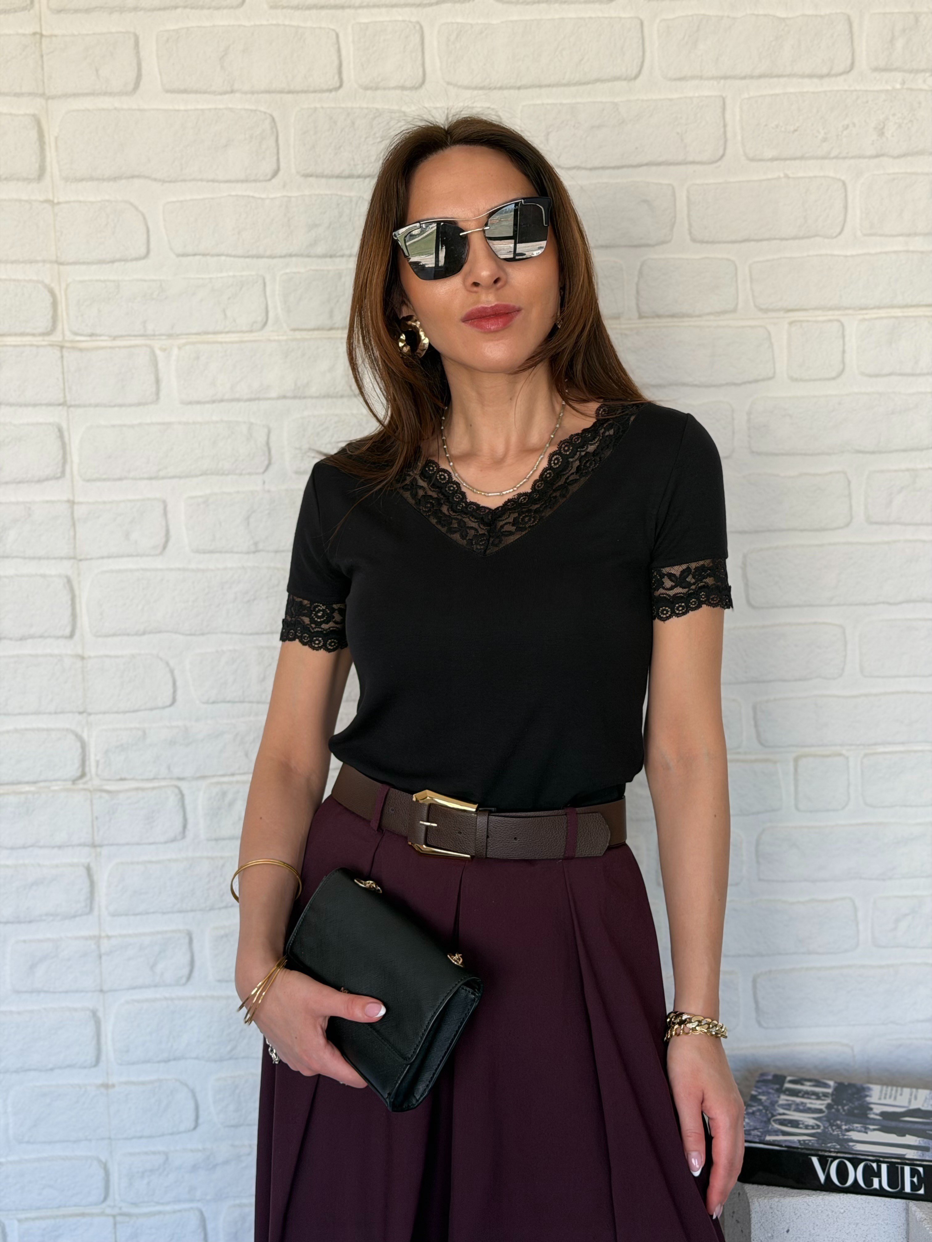 V Yaka Dantelli Bluz Siyah