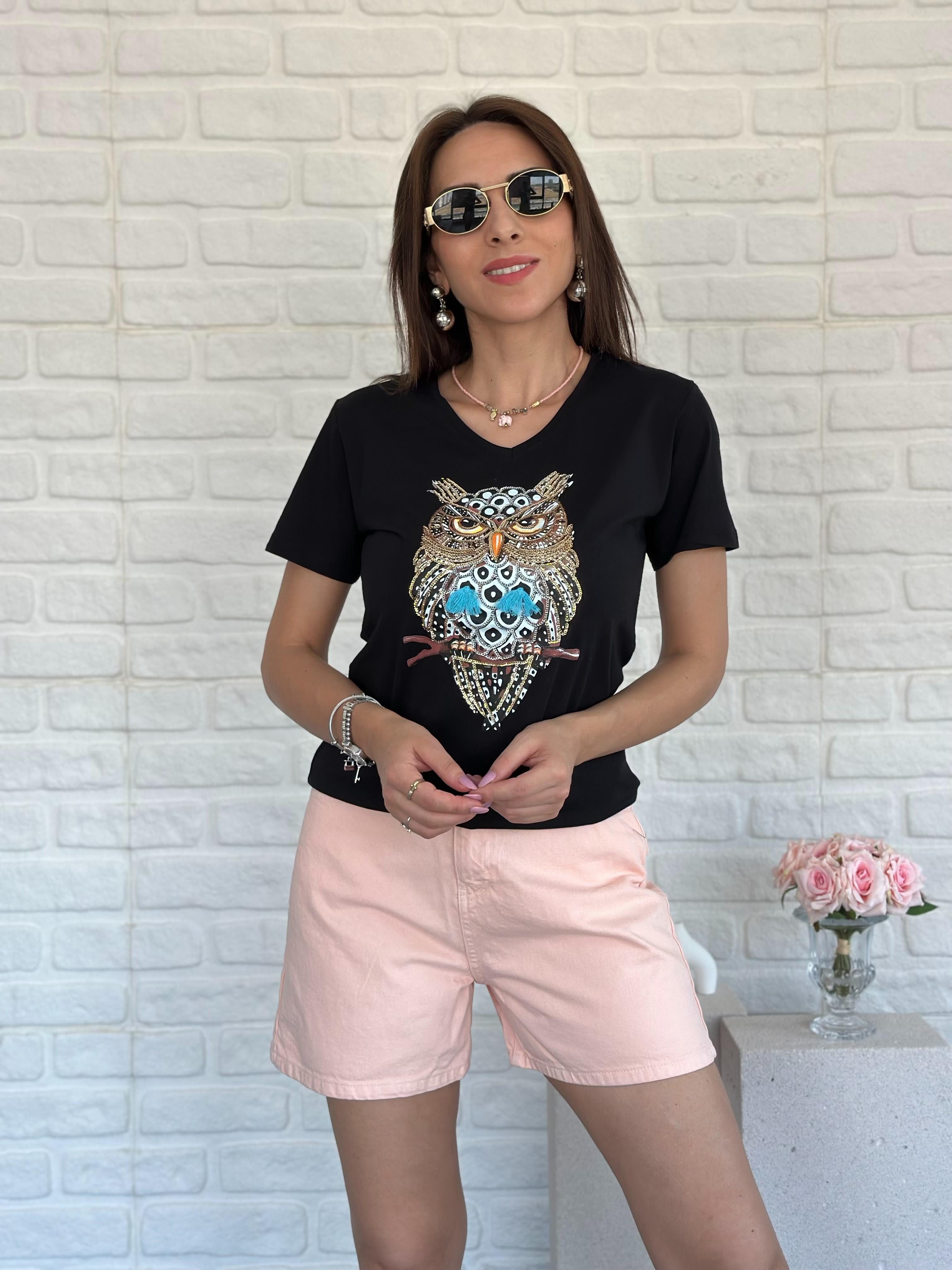 V Yaka Taşlı Tshirt Siyah