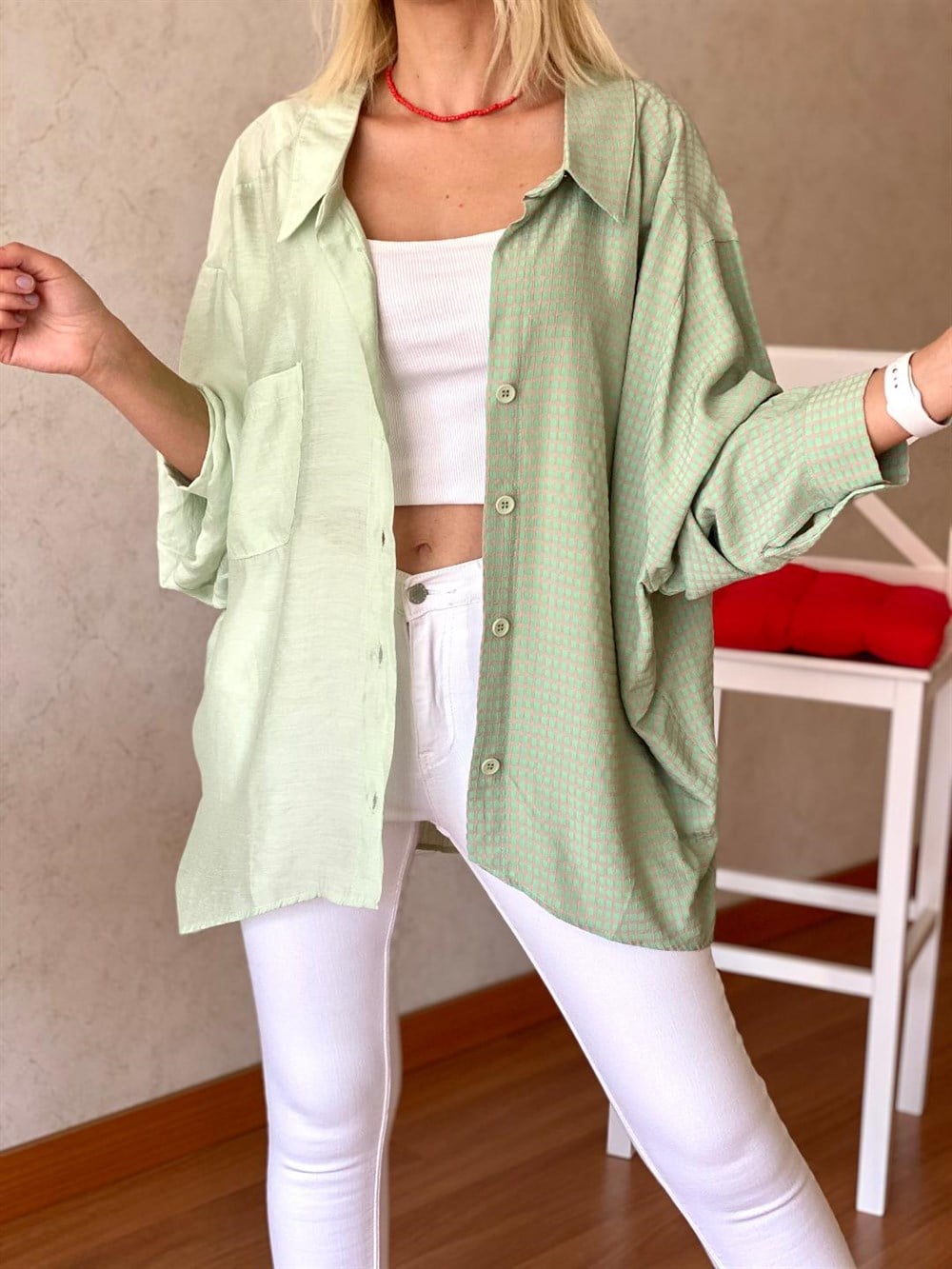 Yeşil Ekose Oversize Keten Gömlek