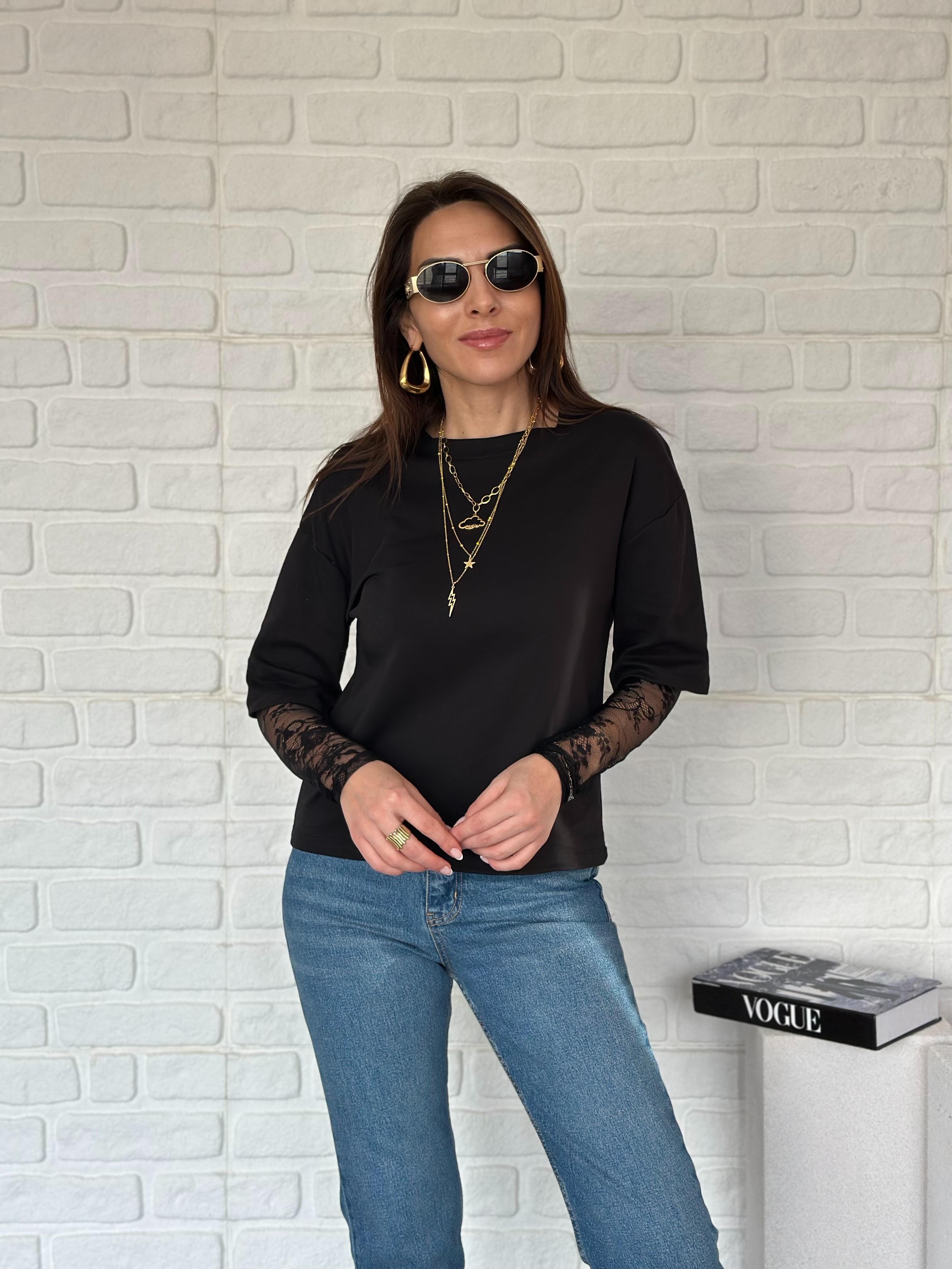 ZR Kolu Dantel Tshirt Siyah