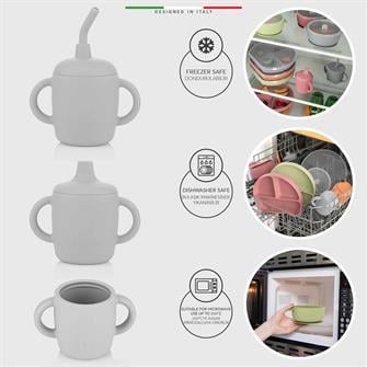 Elele 3in1 Silikon Bebek Alıştırma Bardağı Seti Kulplu ve Pipetli Gri