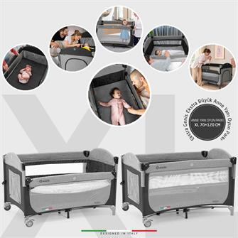 Elele Donna Anne Yanı Park Yatak Oyun Parkı XL 70x120 cm Siyah-Gri
