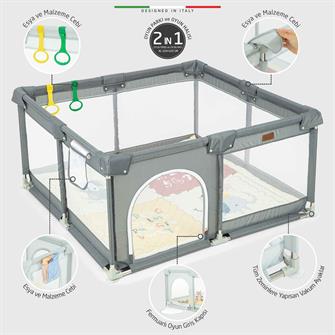 Elele Parma 2in1 Oyun Parkı Oyun Alanı ve Oyun Matı Halısı 125x125 cm Açık Gri