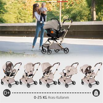 Elele Rotante 360° Dönebilen Çift Yönlü Kabin Tipi Travel Bebek Arabası Bej