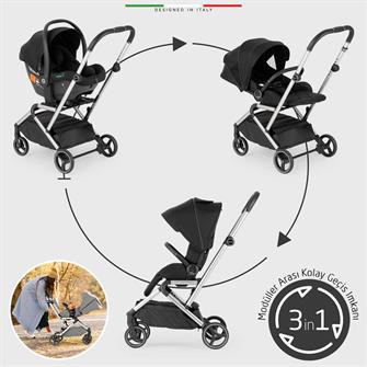 Elele Rotante 360° Dönebilen Çift Yönlü Kabin Tipi Travel Bebek Arabası Siyah