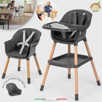 Elele Verona 2 4in1 Ahşap Bebek Mama Sandalyesi ve Mama Oturağı Deri Pedli Antrasit