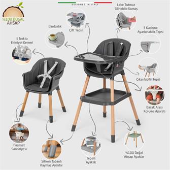 Elele Verona 2 4in1 Ahşap Bebek Mama Sandalyesi ve Mama Oturağı Deri Pedli Antrasit
