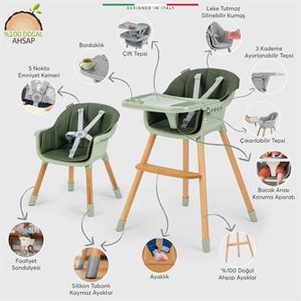 Elele Verona 4in1 Ahşap Bebek Mama Sandalyesi ve Mama Oturağı Deri Pedli Yeşil