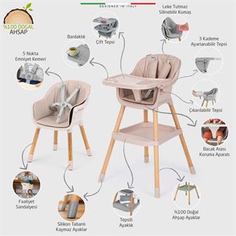 Elele Verona 2 4in1 Ahşap Bebek Mama Sandalyesi ve Mama Oturağı Deri Pedli Pudra