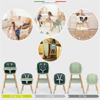 Elele Verona 2 4in1 Ahşap Bebek Mama Sandalyesi ve Mama Oturağı Deri Pedli Yeşil