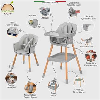 Elele Verona 2 4in1 Ahşap Bebek Mama Sandalyesi ve Mama Oturağı Deri Pedli Gri
