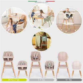 Elele Verona 2 4in1 Ahşap Bebek Mama Sandalyesi ve Mama Oturağı Deri Pedli Pudra