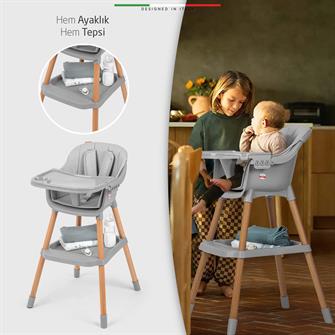 Elele Verona 2 4in1 Ahşap Bebek Mama Sandalyesi ve Mama Oturağı Deri Pedli Antrasit