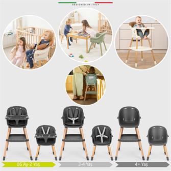 Elele Verona 2 4in1 Ahşap Bebek Mama Sandalyesi ve Mama Oturağı Deri Pedli Antrasit