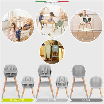 Elele Verona 2 4in1 Ahşap Bebek Mama Sandalyesi ve Mama Oturağı Deri Pedli Gri