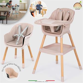 Elele Verona 2 4in1 Ahşap Bebek Mama Sandalyesi ve Mama Oturağı Deri Pedli Pudra