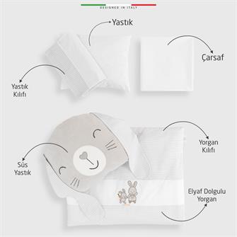 EleleLife Rabbit 6 Parça Oyun Parkı Park Yatak Bebek Uyku Seti Gri